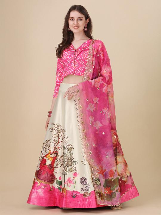 Pink Satin Silk Printed Lehenga