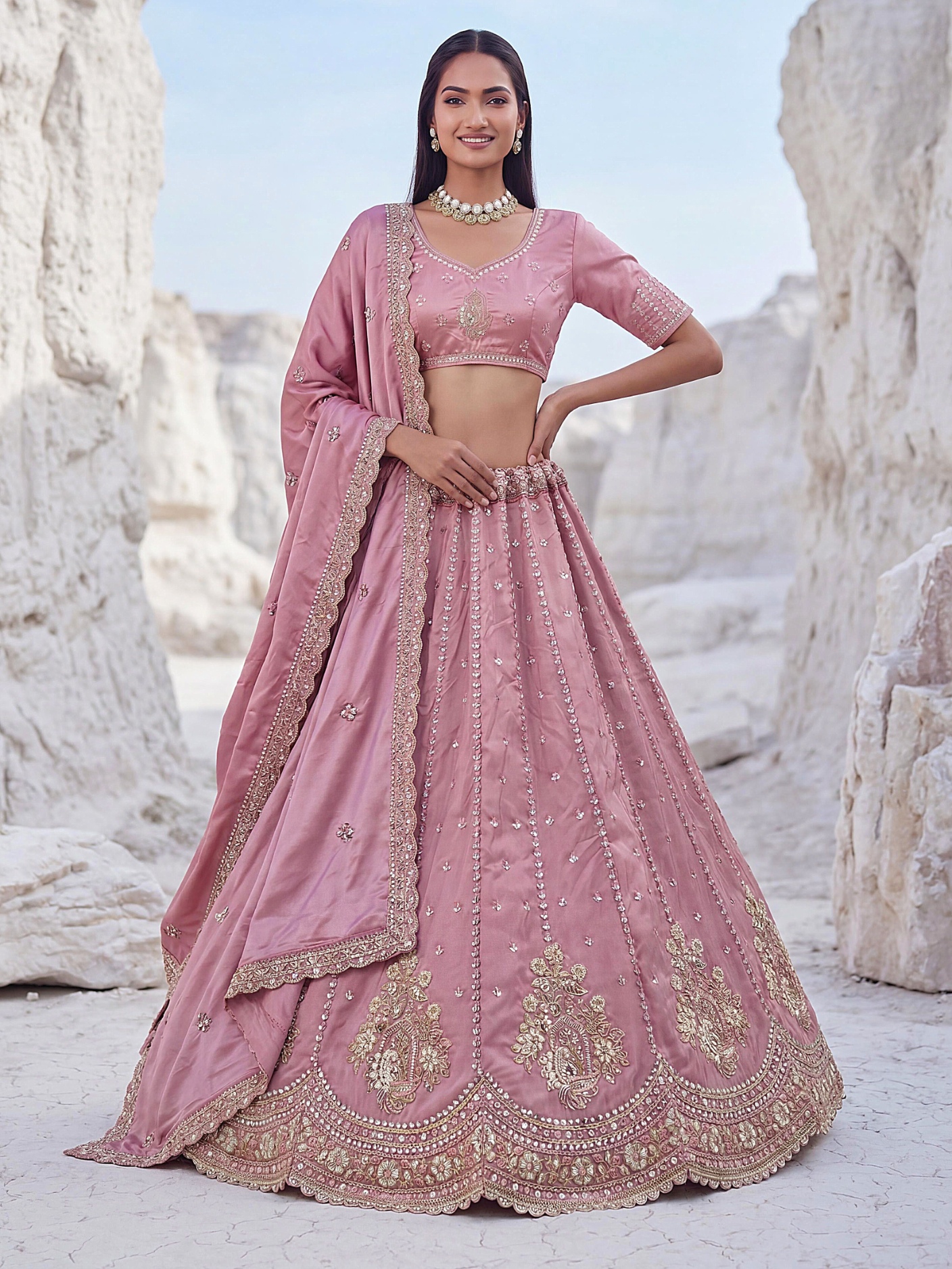 Pink Sequins Silk Festive Lehenga