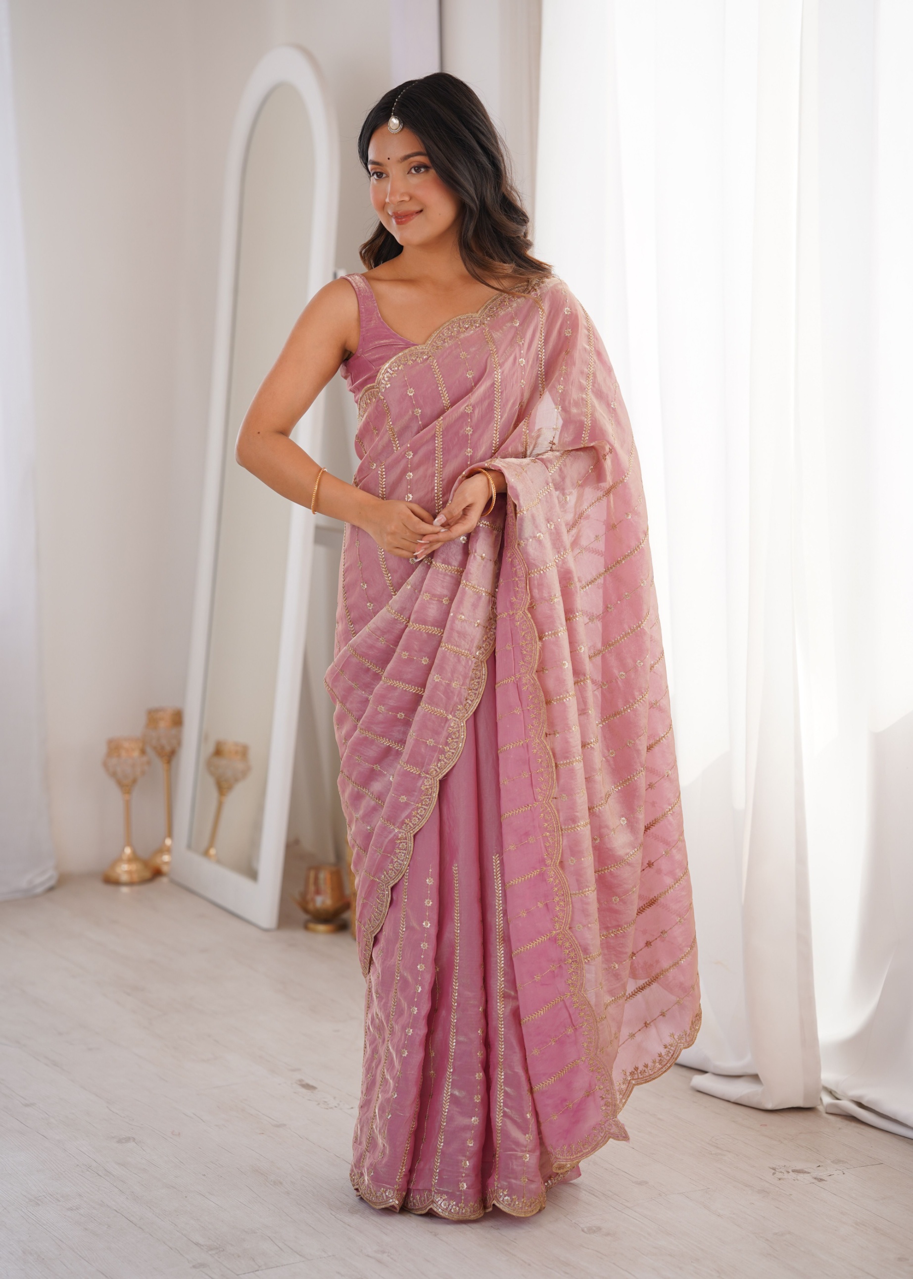 Pink Sequin Embroidered Fendy Satin Saree