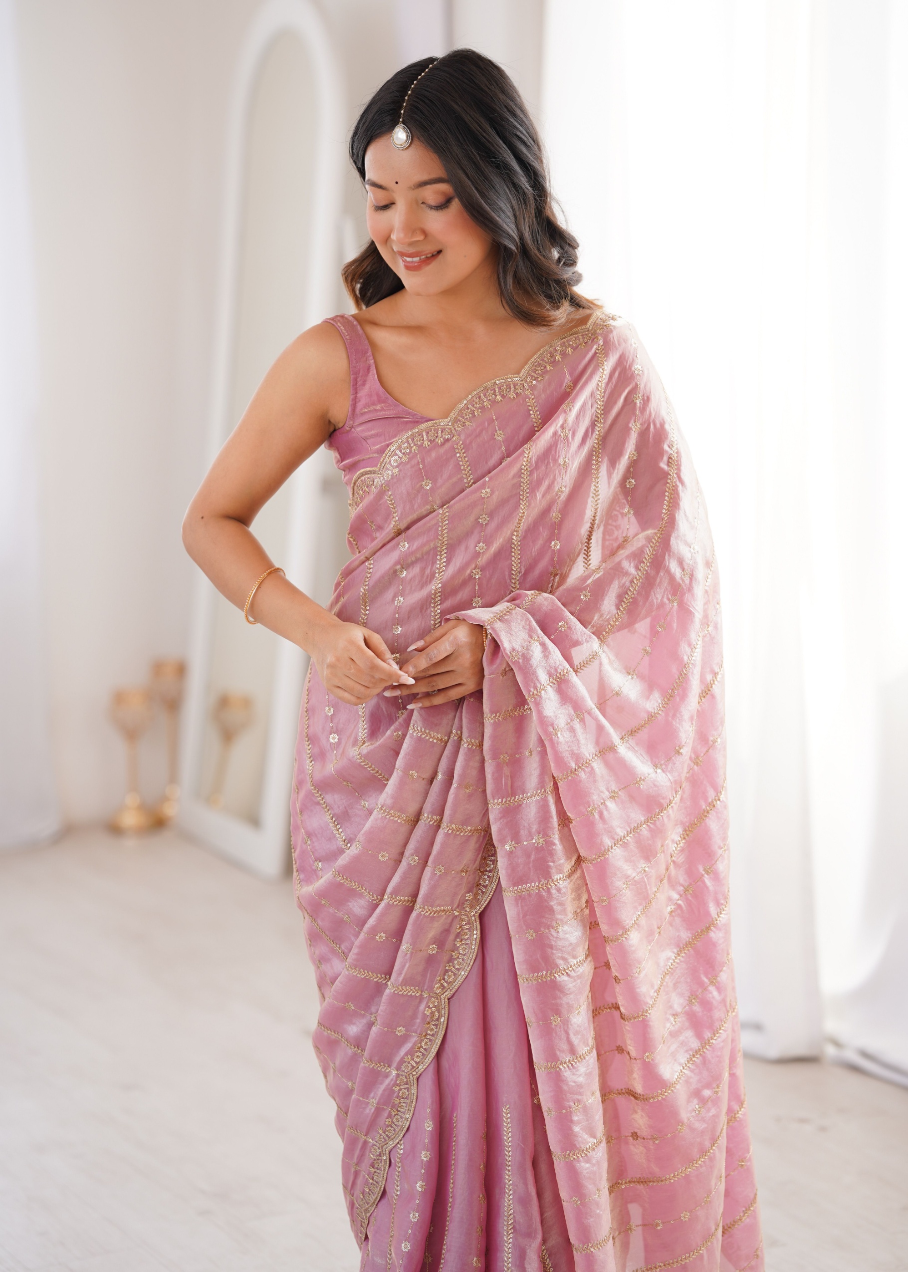 Pink Sequin Embroidered Fendy Satin Saree — alternate view