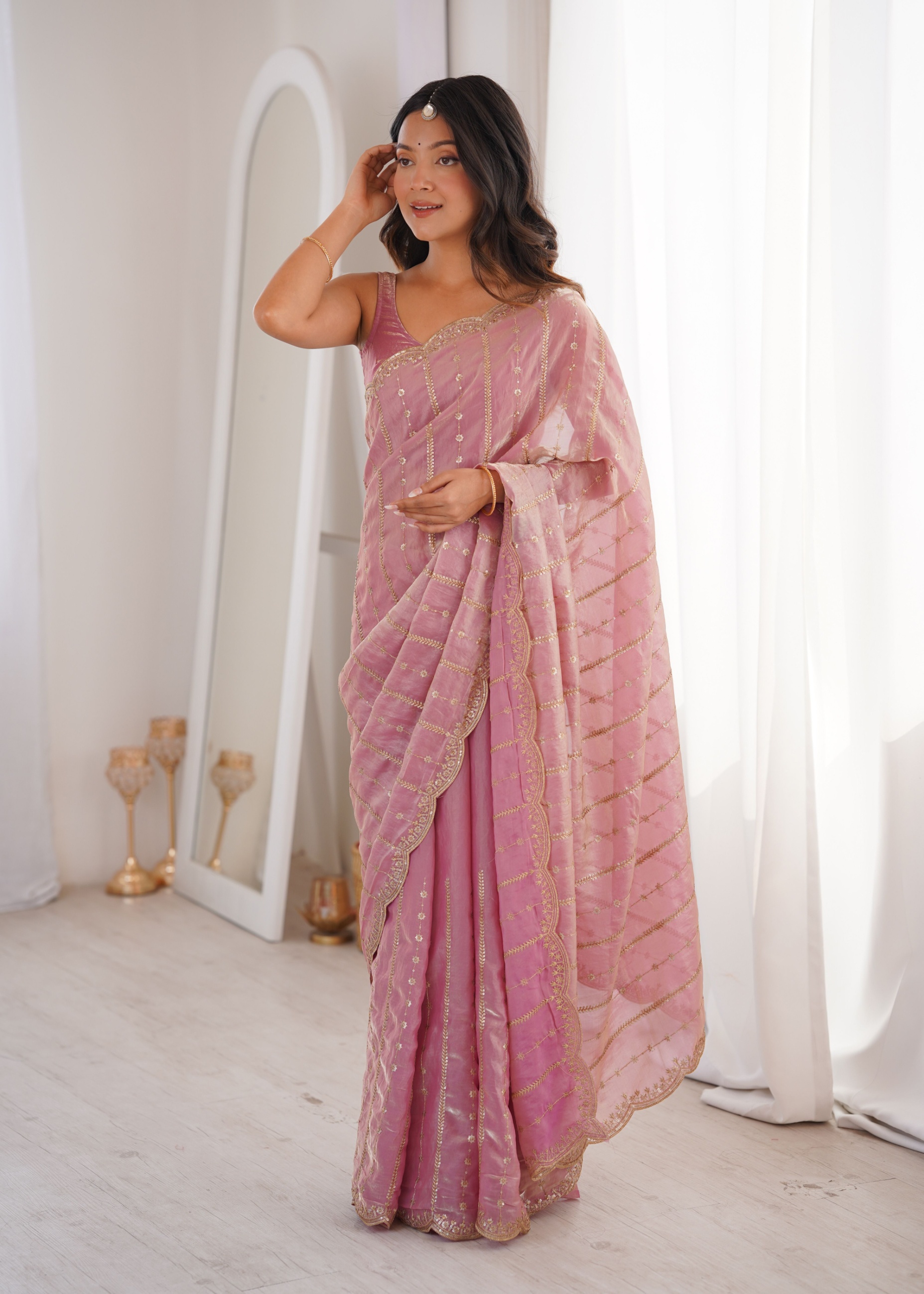 Pink Sequin Embroidered Fendy Satin Saree