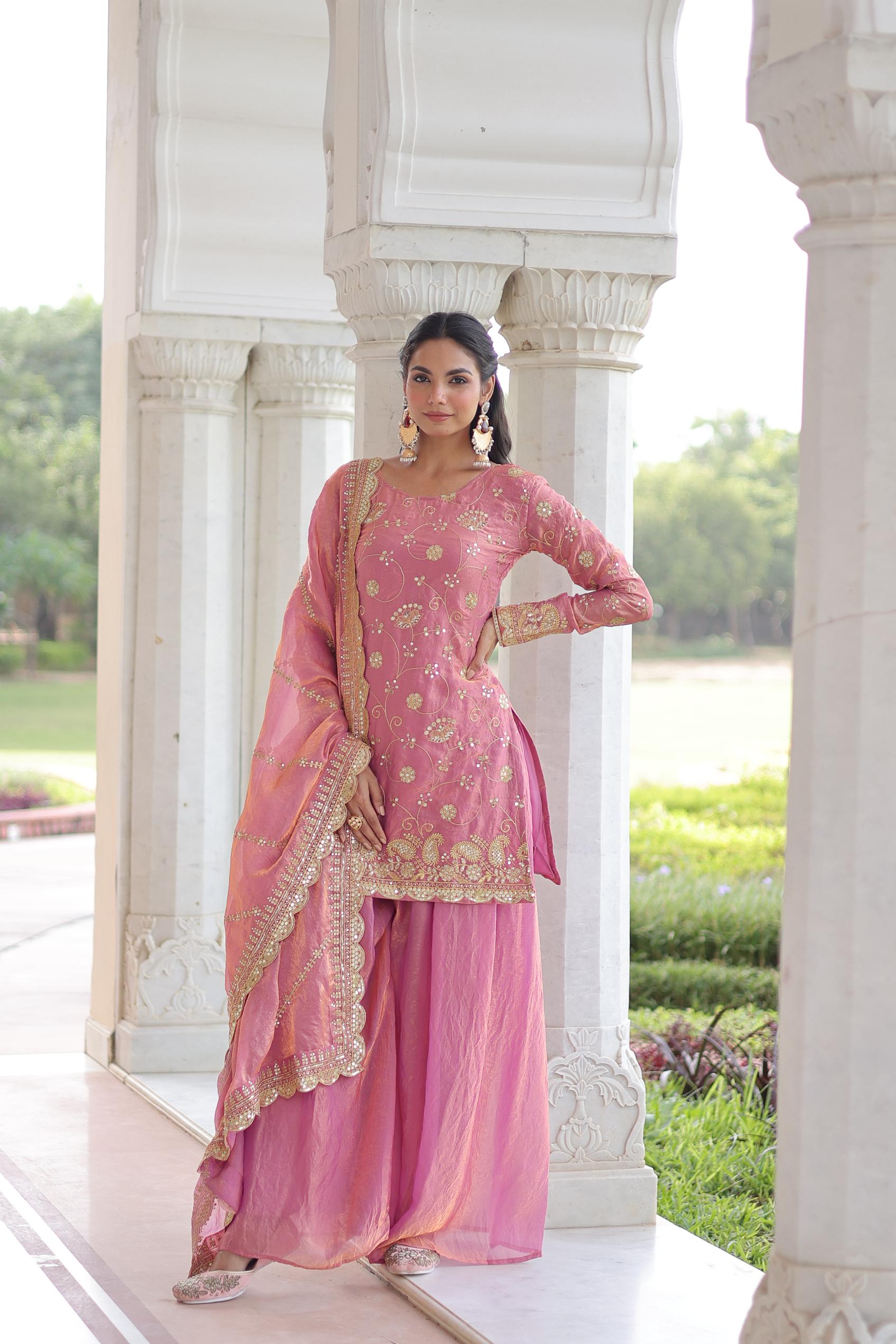 Pink Sequins Embroidered Fendy Silk Sharara Suit