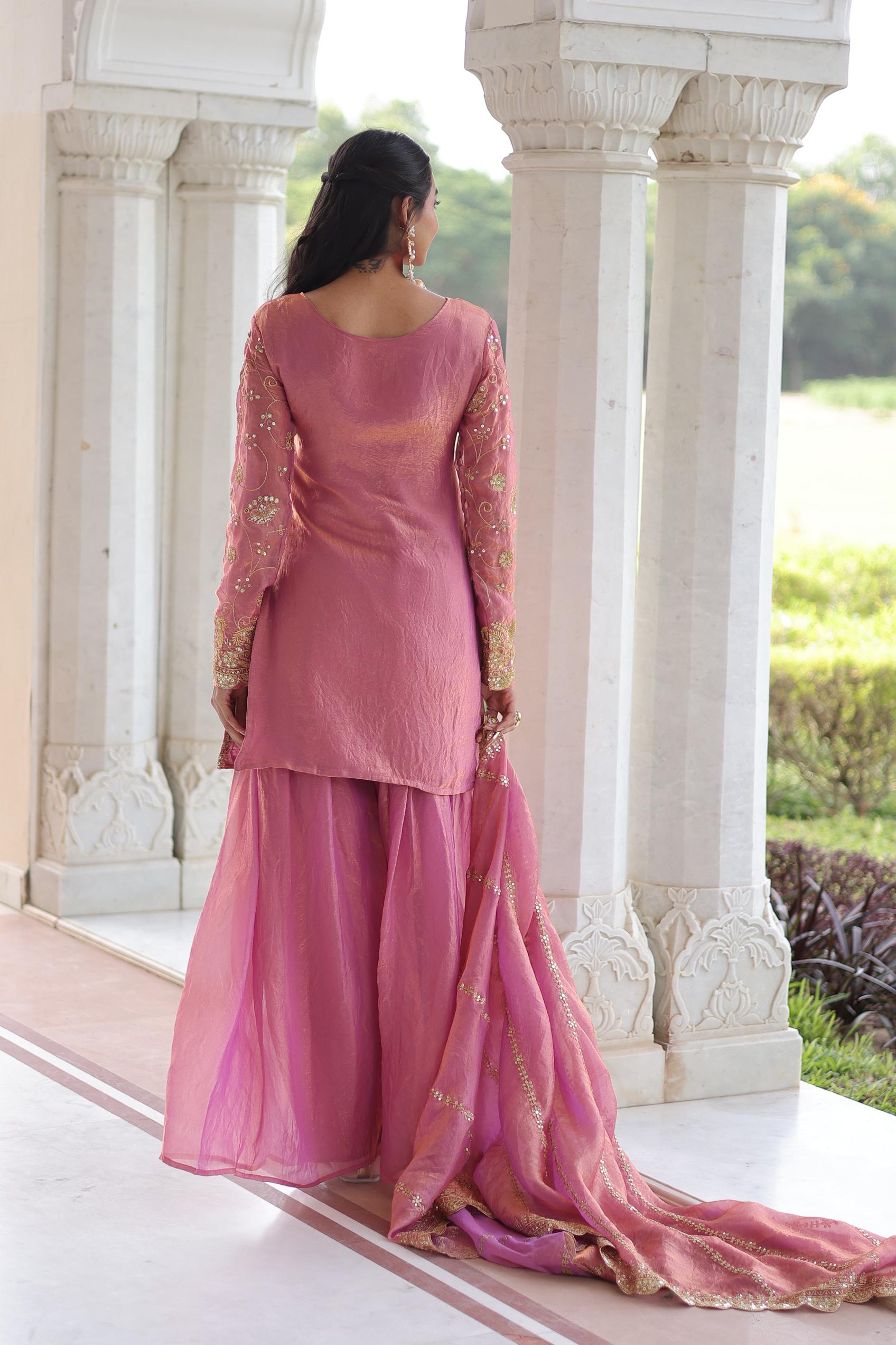 Pink Sequins Embroidered Fendy Silk Sharara Suit — alternate view