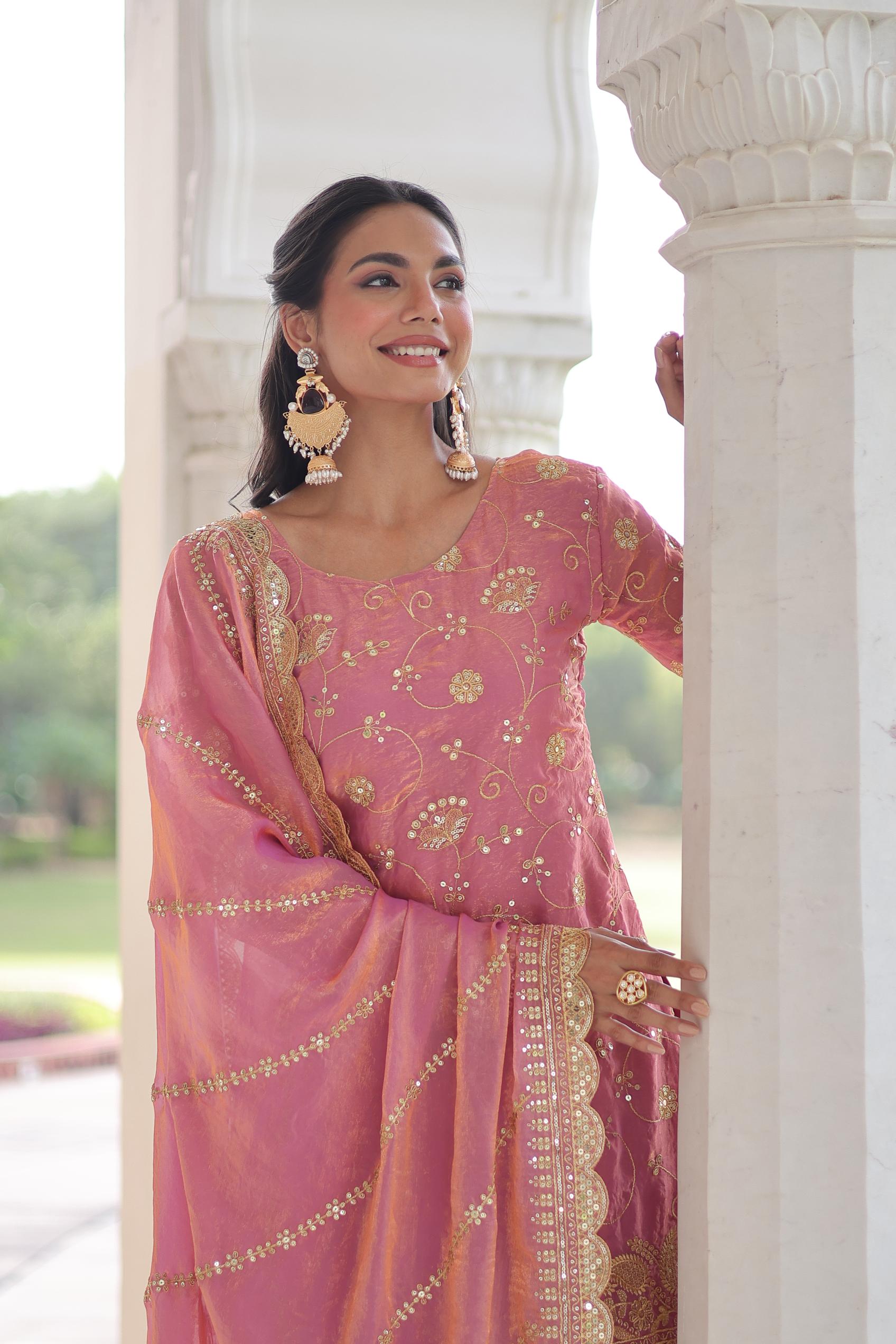 Pink Sequins Embroidered Fendy Silk Sharara Suit