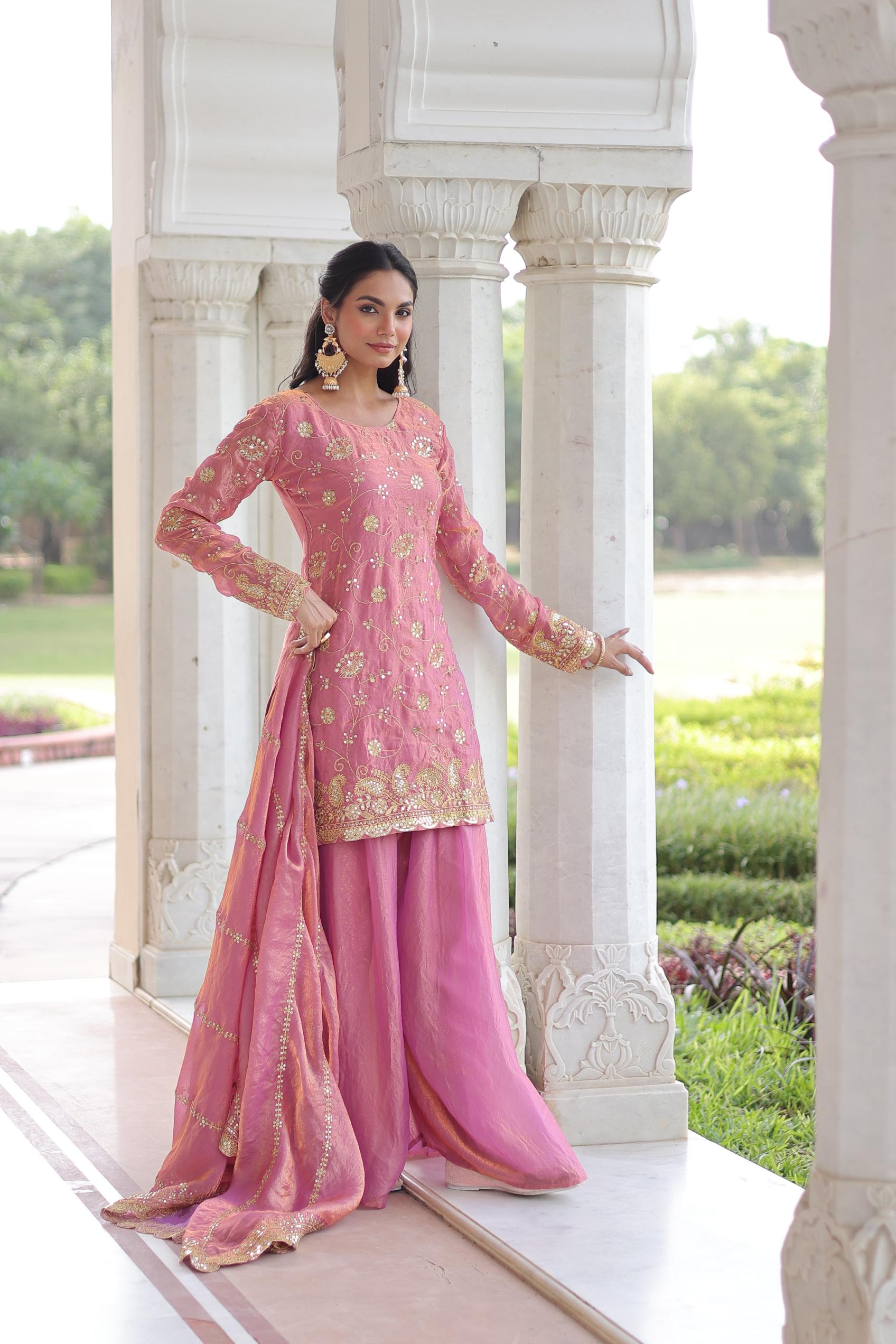 Pink Sequins Embroidered Fendy Silk Sharara Suit