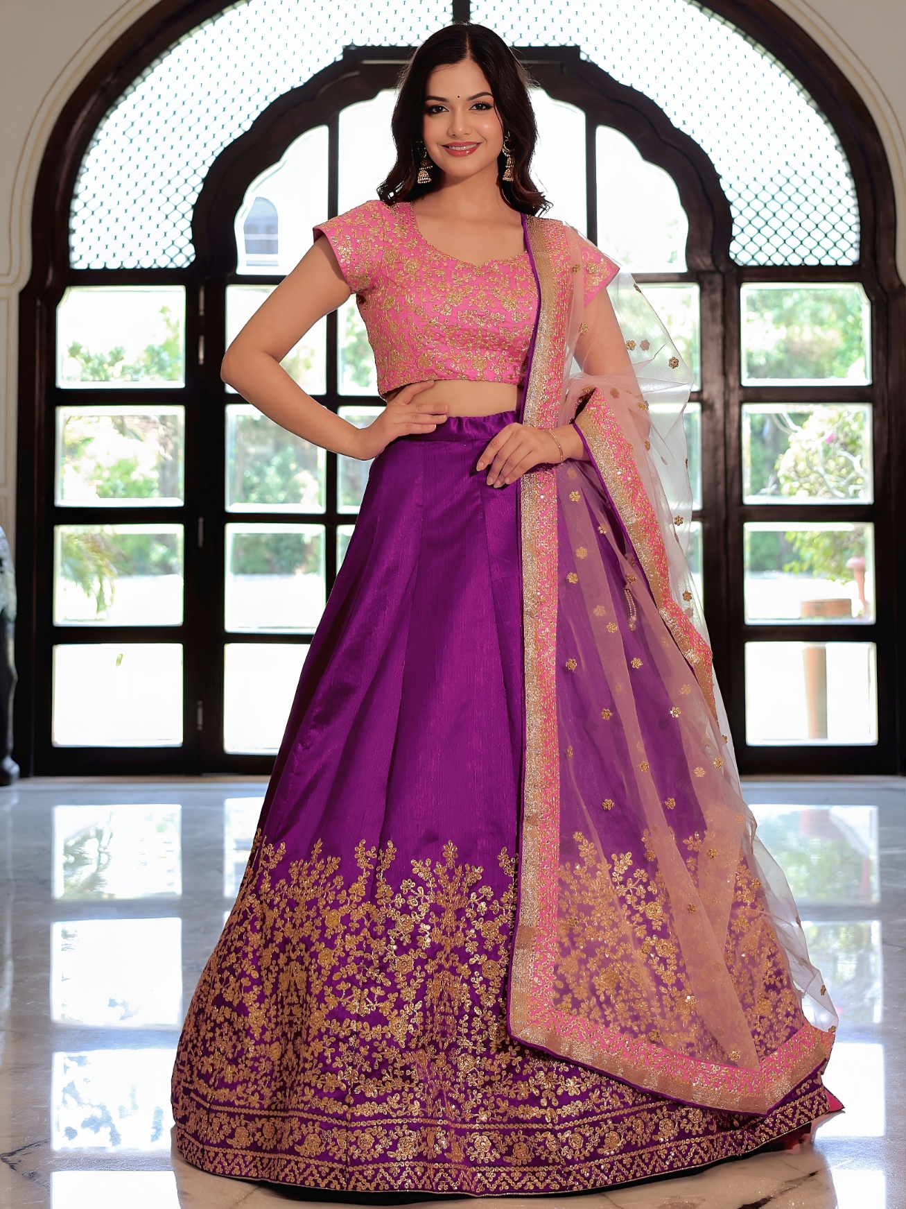 Pink Sequins Embroidered Mulberry Silk Lehenga Choli