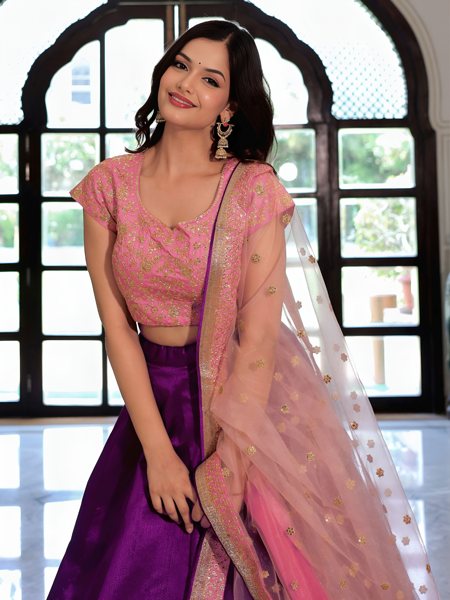 Pink Sequins Embroidered Mulberry Silk Lehenga Choli