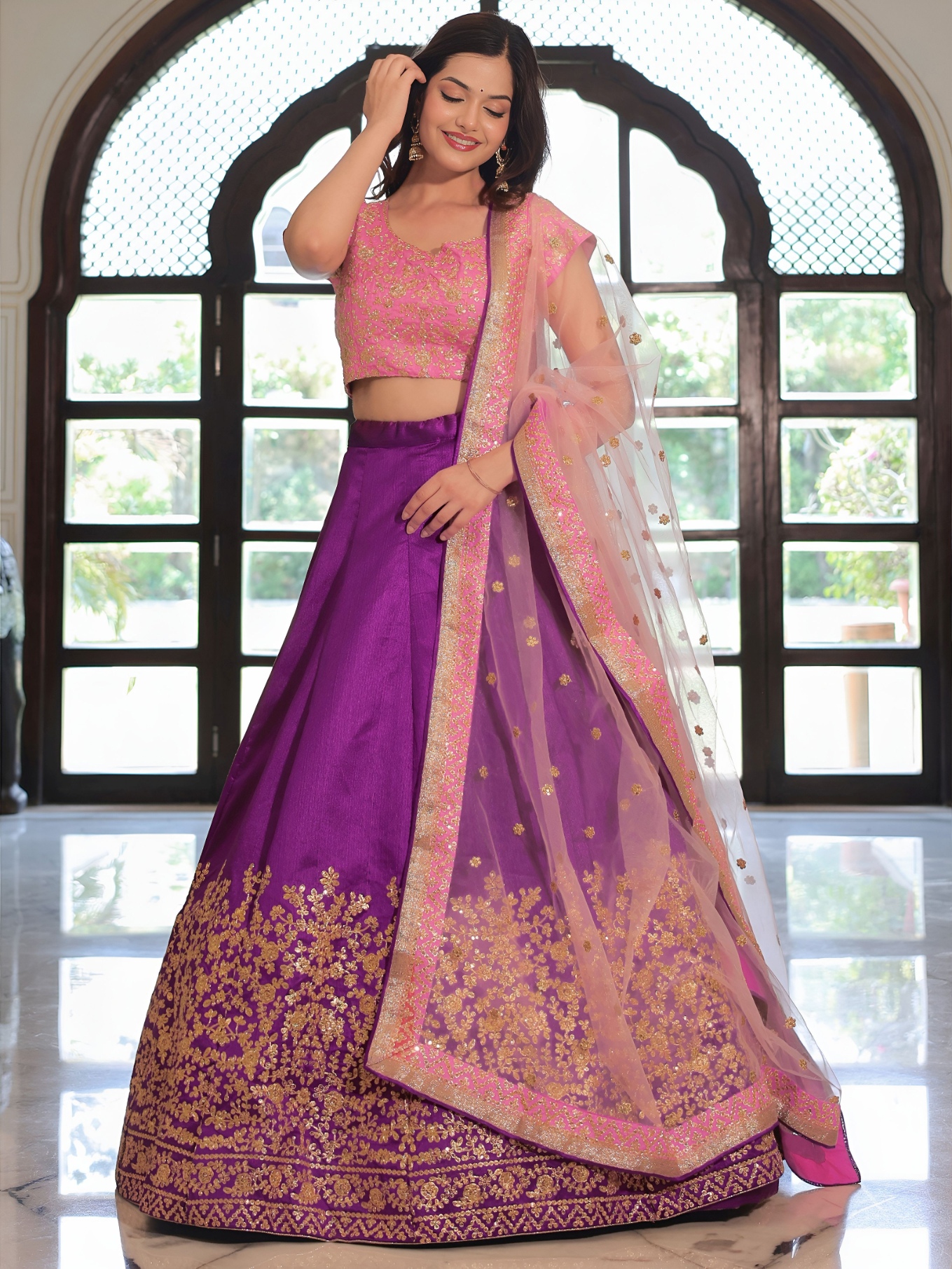 Pink Sequins Embroidered Mulberry Silk Lehenga Choli