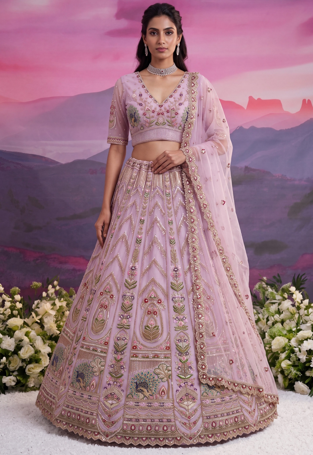 Pink Sequin Jari Thread Net Bridal Lehenga Choli