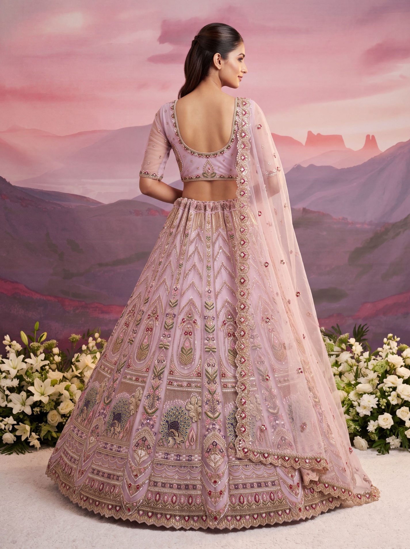 Pink Sequin Jari Thread Net Bridal Lehenga Choli — alternate view