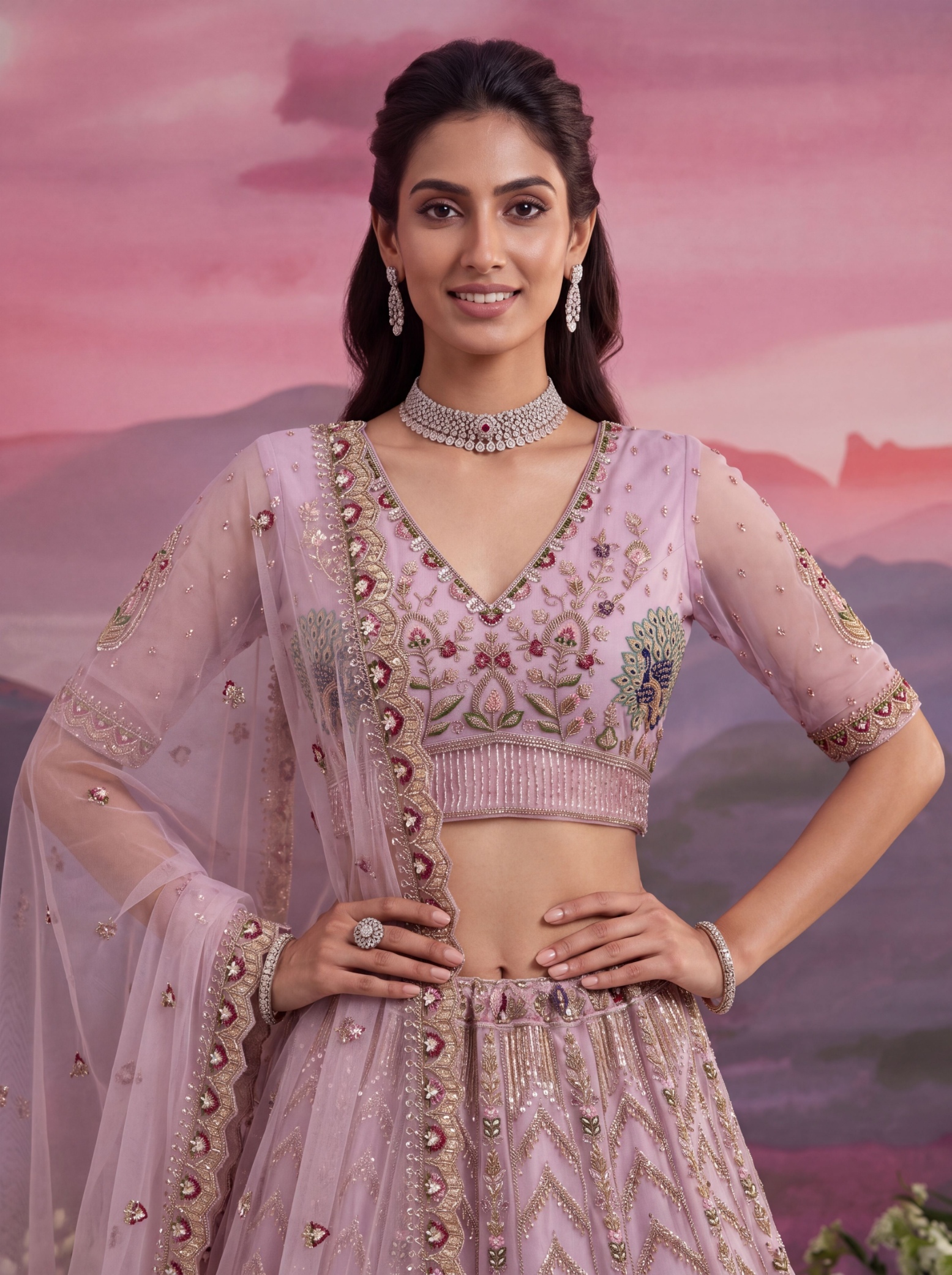 Pink Sequin Jari Thread Net Bridal Lehenga Choli