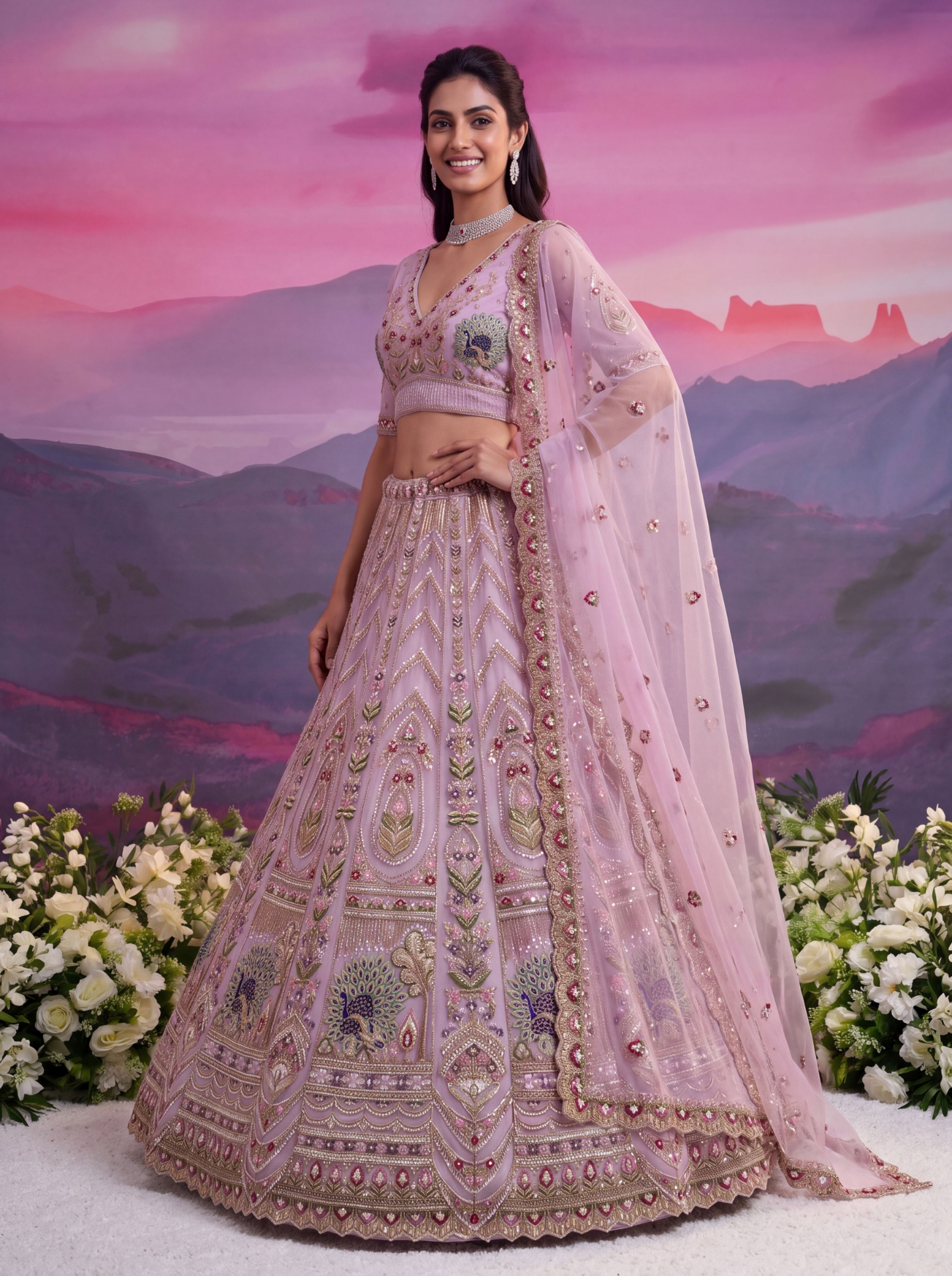 Pink Sequin Jari Thread Net Bridal Lehenga Choli