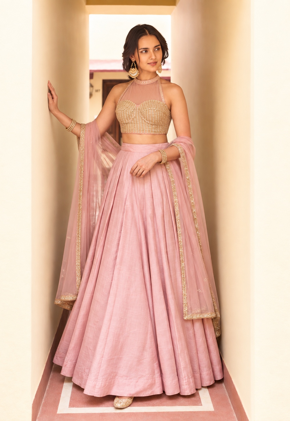 Pink Sequins Embroidery Roman Silk Lehenga Choli