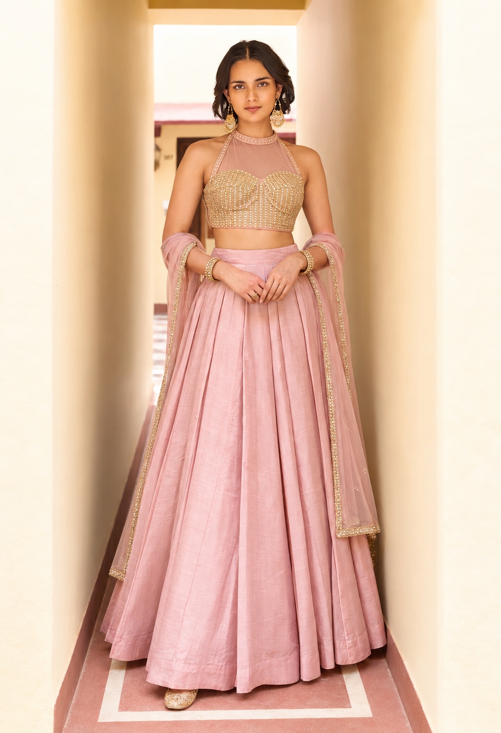 Pink Sequins Embroidery Roman Silk Lehenga Choli
