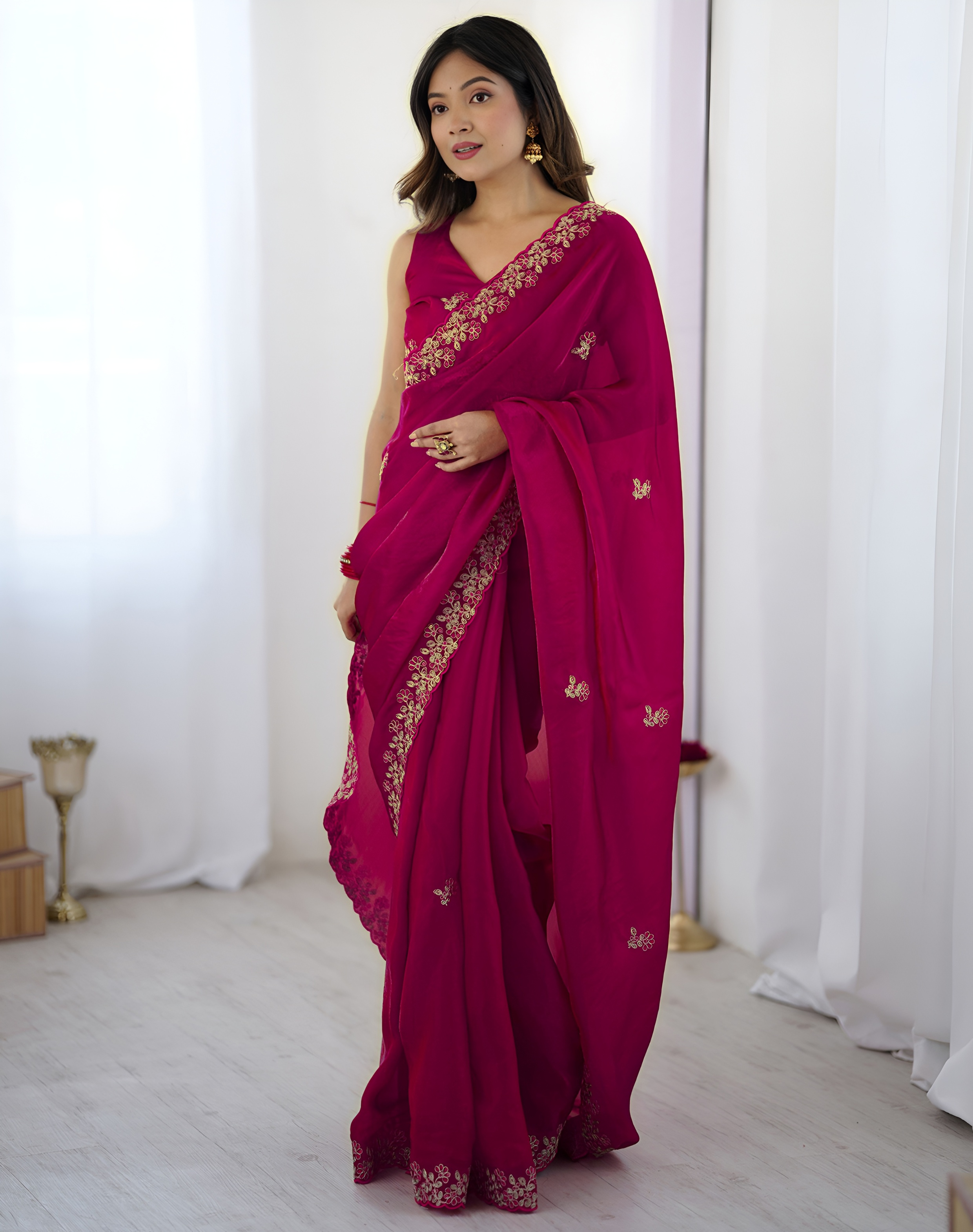 Pink Sequins Fendy Satin Silk Saree