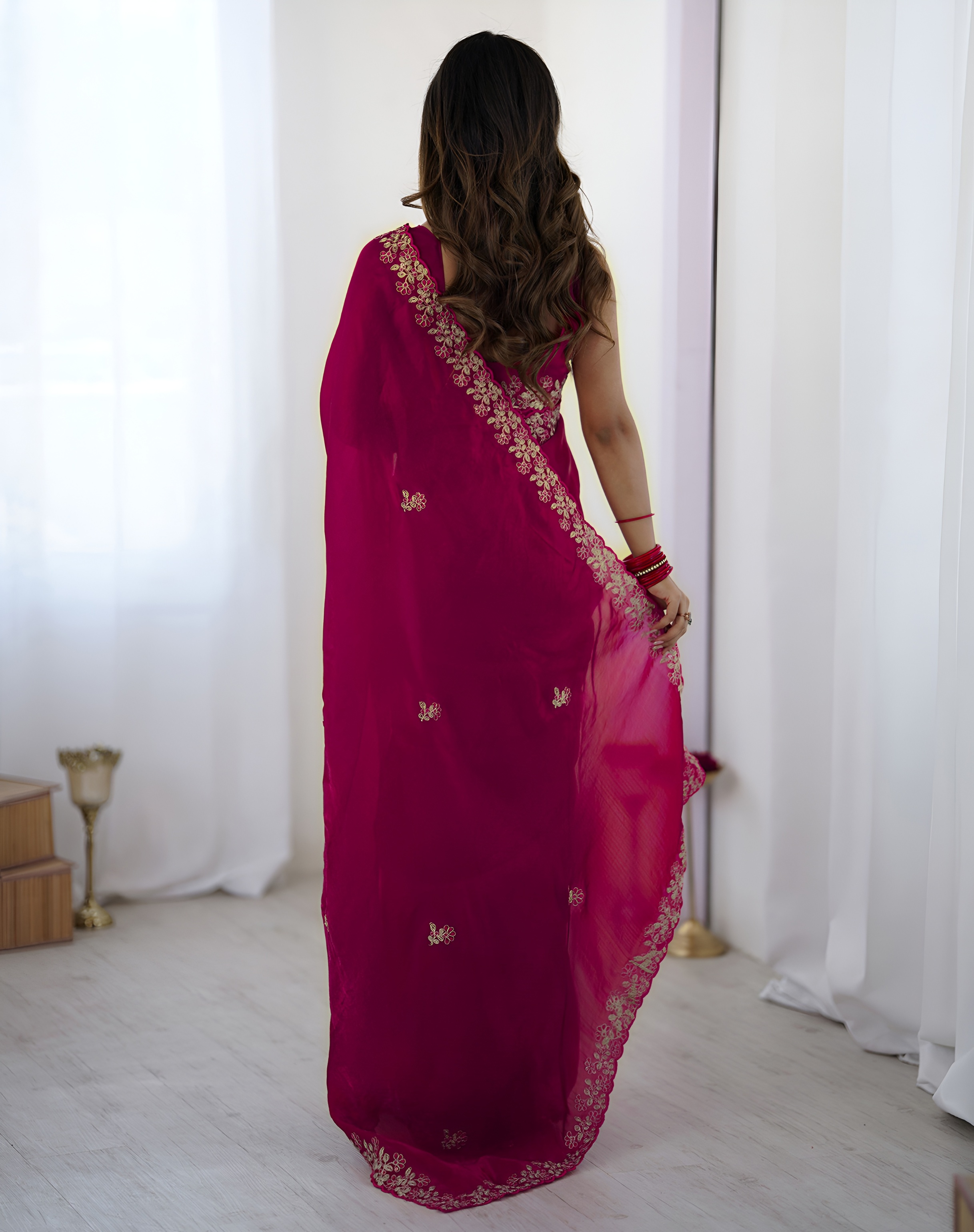 Pink Sequins Fendy Satin Silk Saree — alternate view