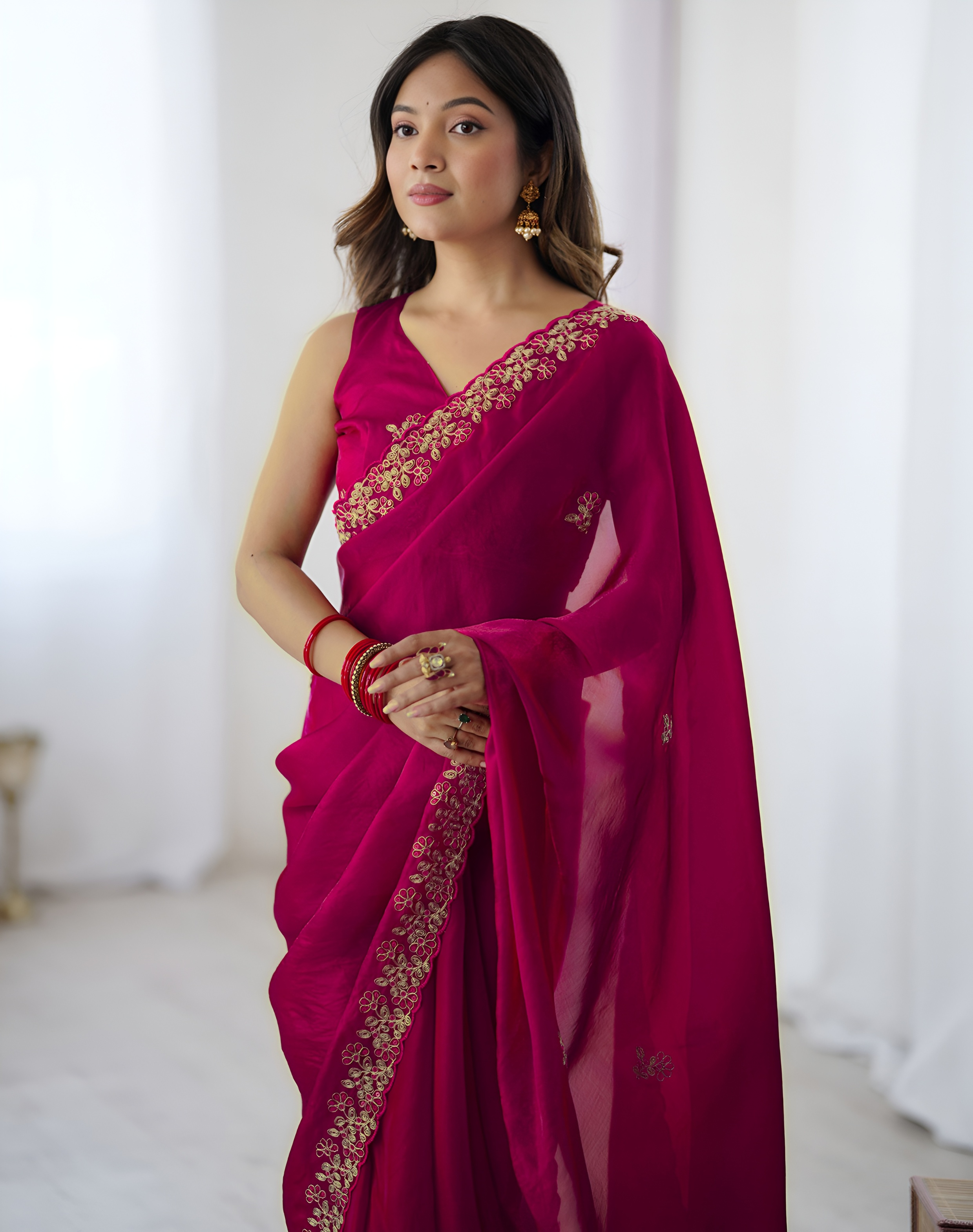 Pink Sequins Fendy Satin Silk Saree