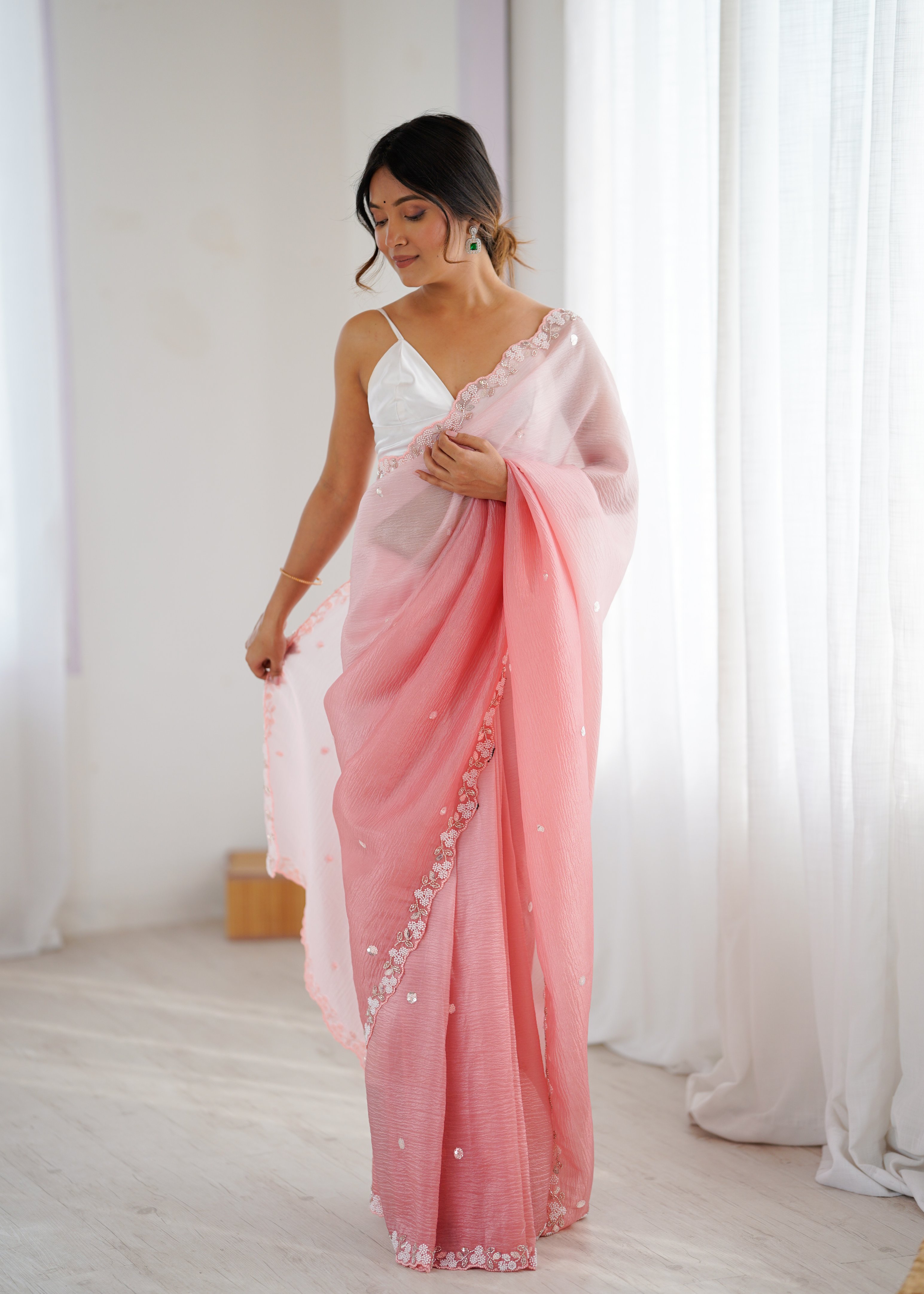 Pink Shaded Crush Sequin N Moti Cut Work Chiffon Saree