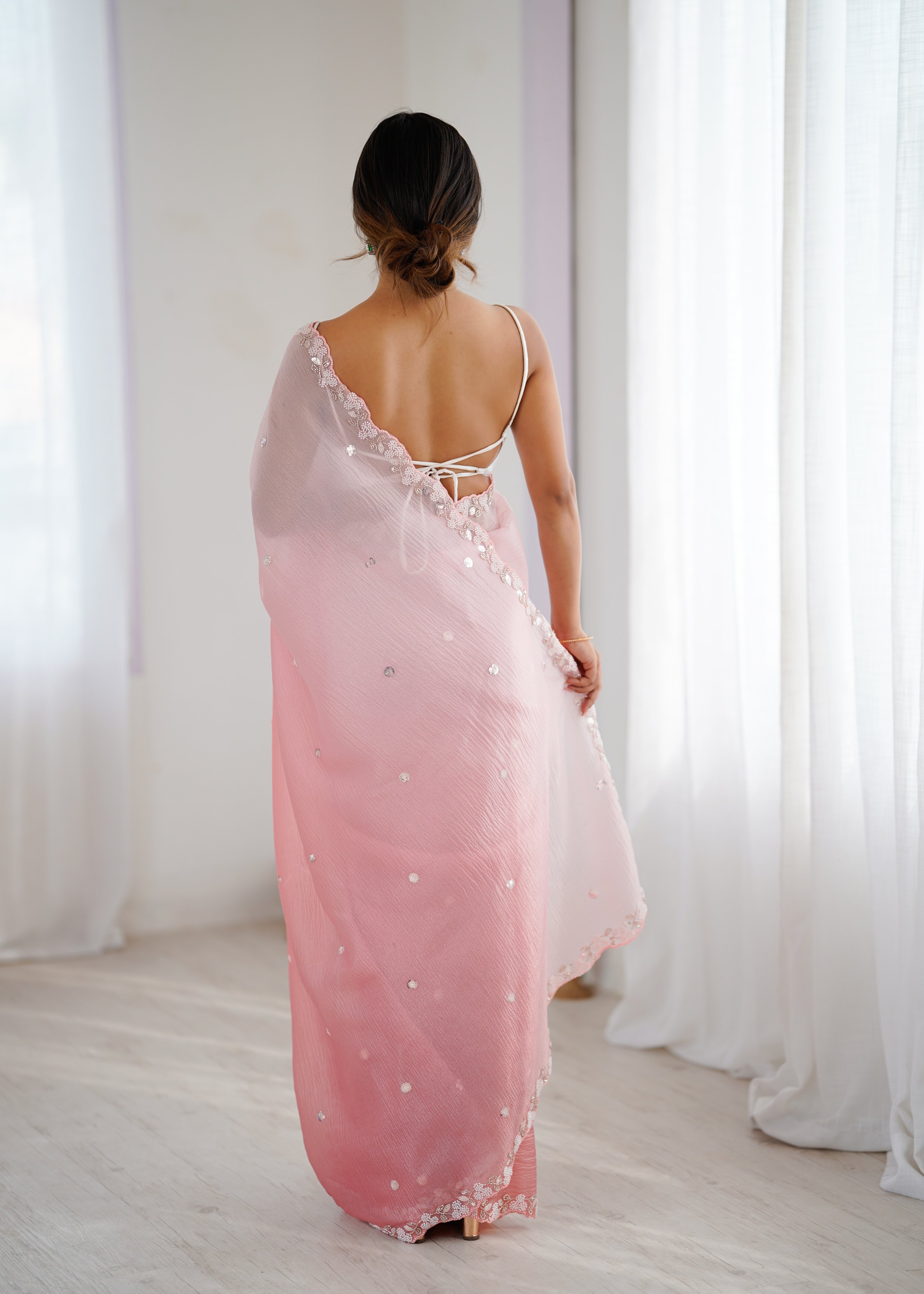 Pink Shaded Crush Sequin N Moti Cut Work Chiffon Saree — alternate view