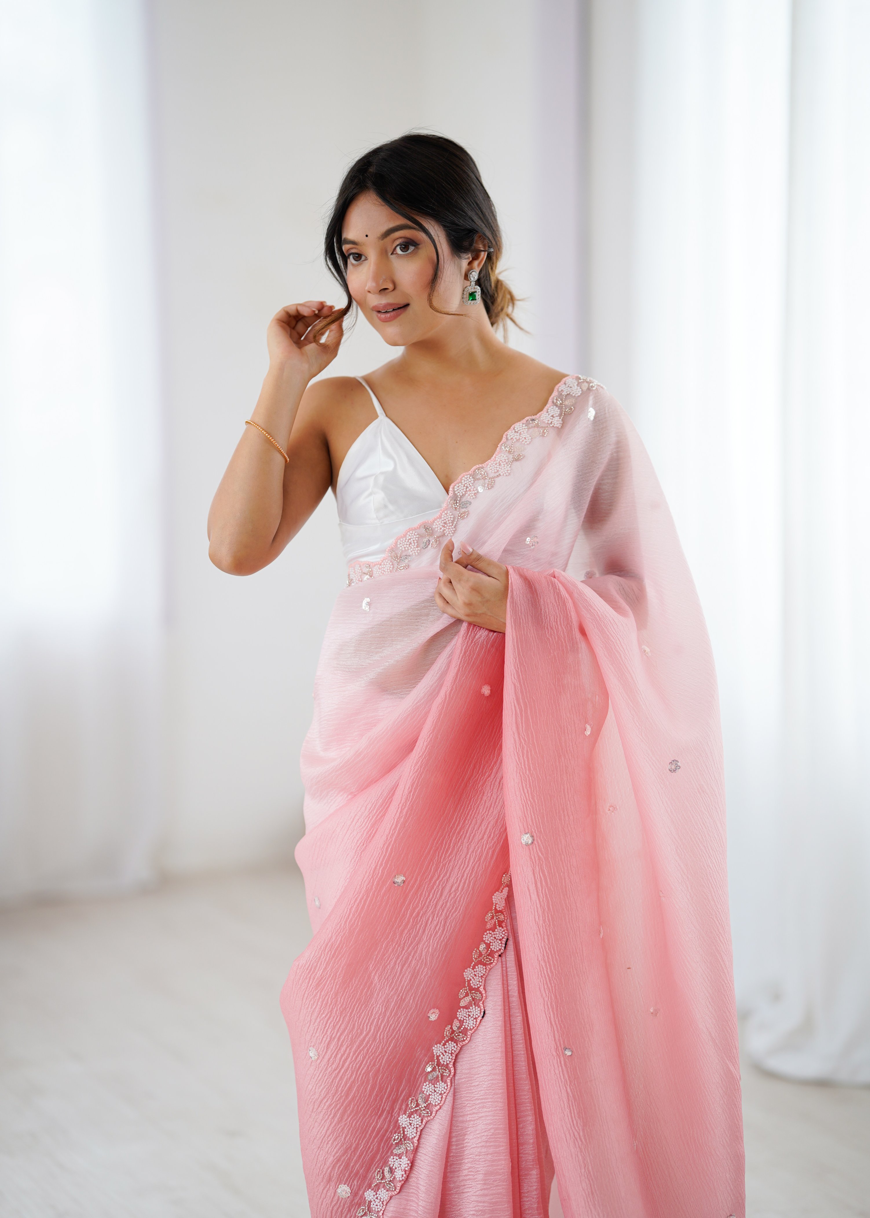 Pink Shaded Crush Sequin N Moti Cut Work Chiffon Saree
