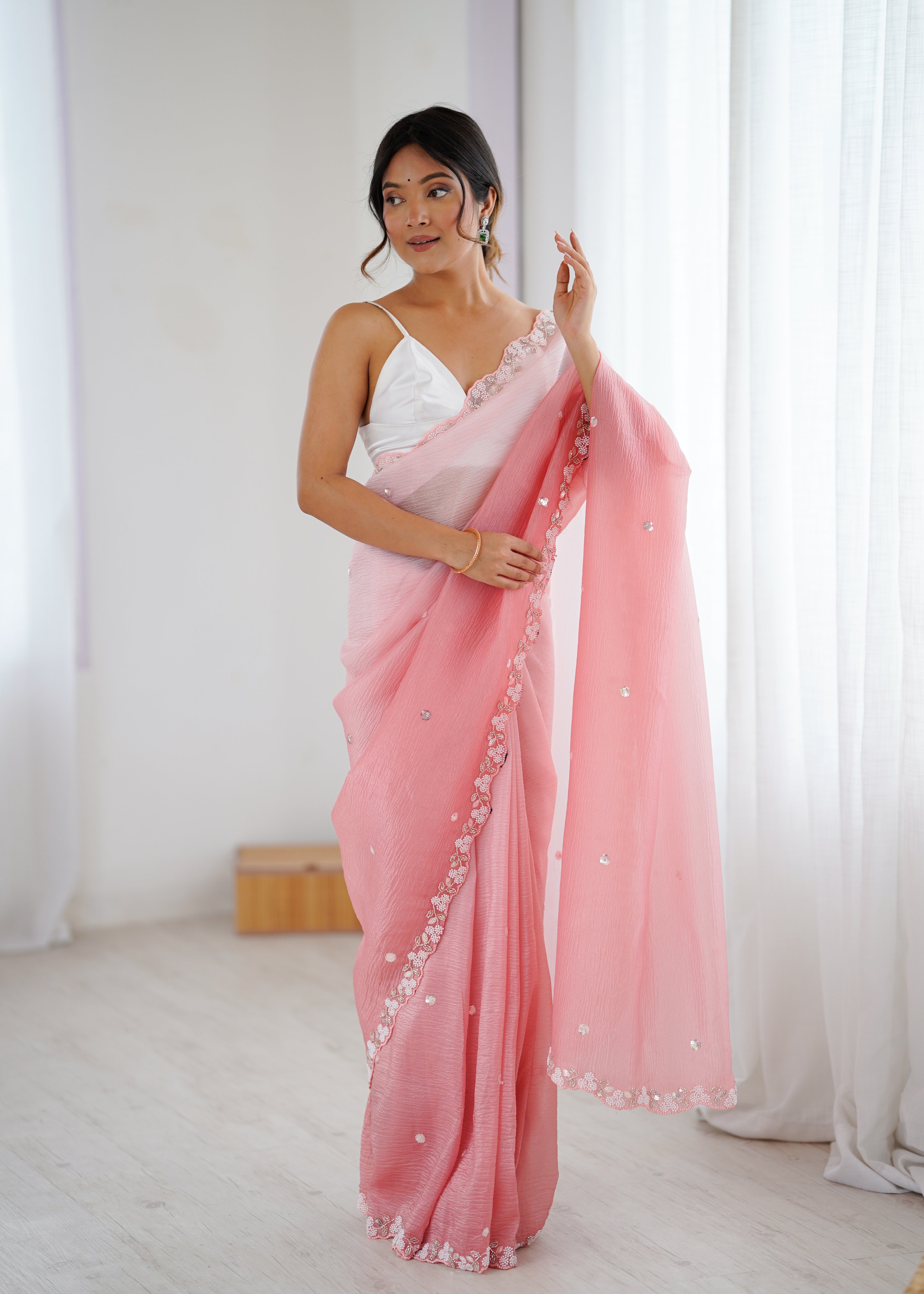 Pink Shaded Crush Sequin N Moti Cut Work Chiffon Saree