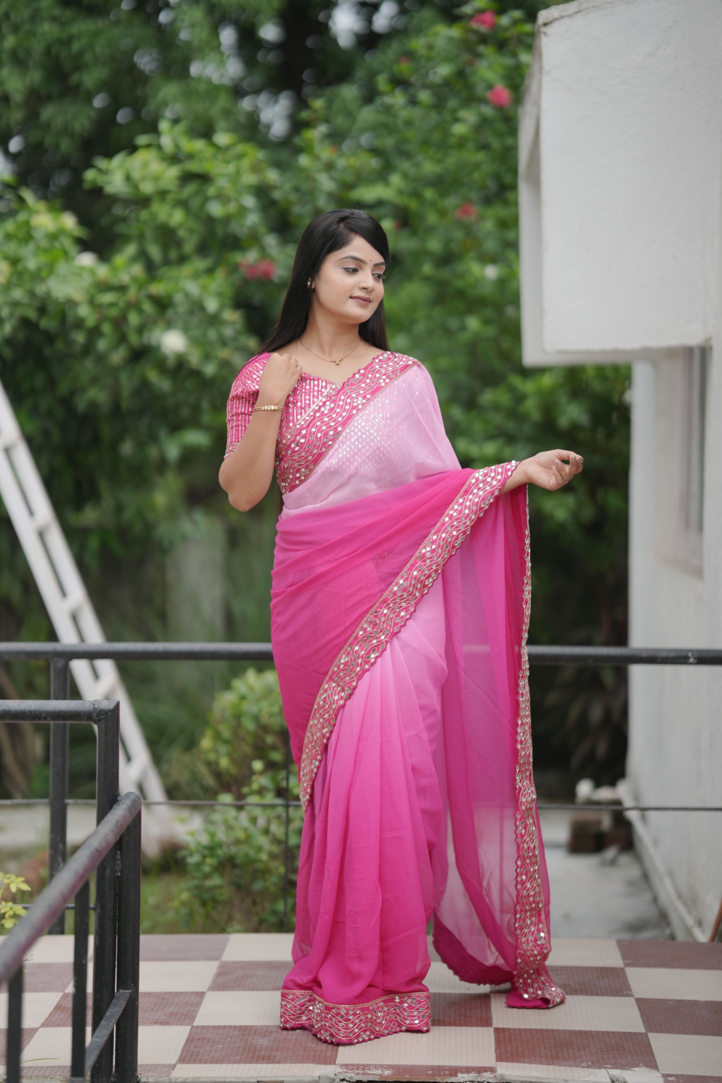 Pink Shaded Mirror Faux Georgette Saree