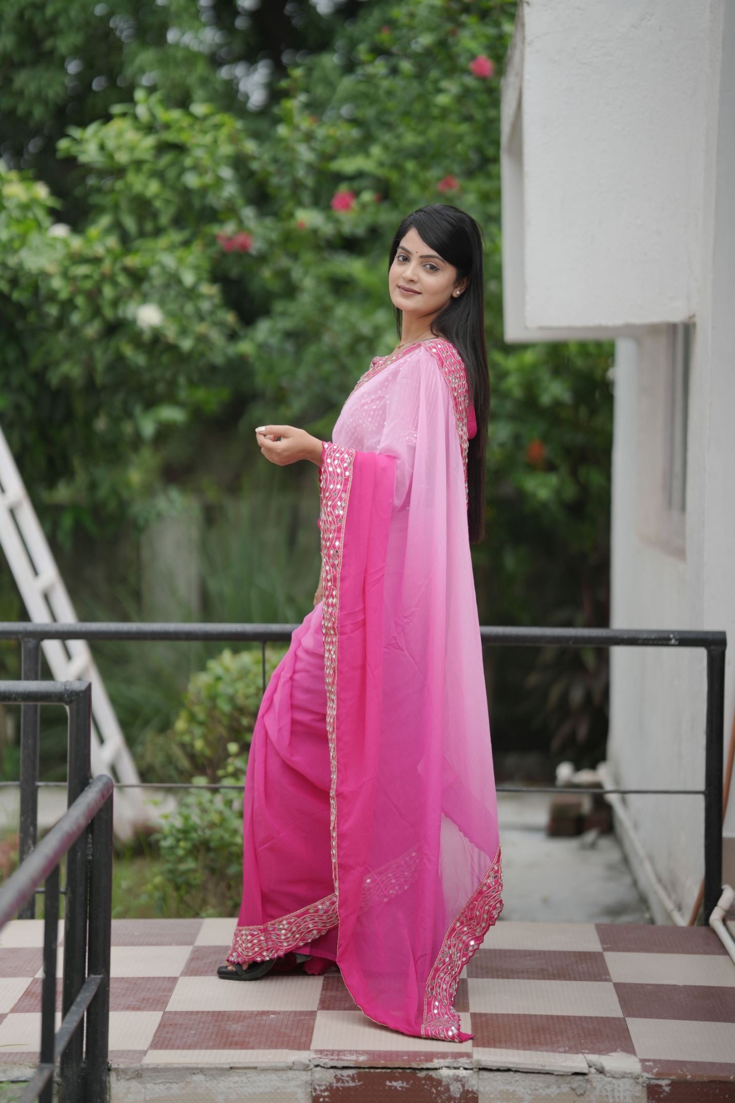 Pink Shaded Mirror Faux Georgette Saree — alternate view