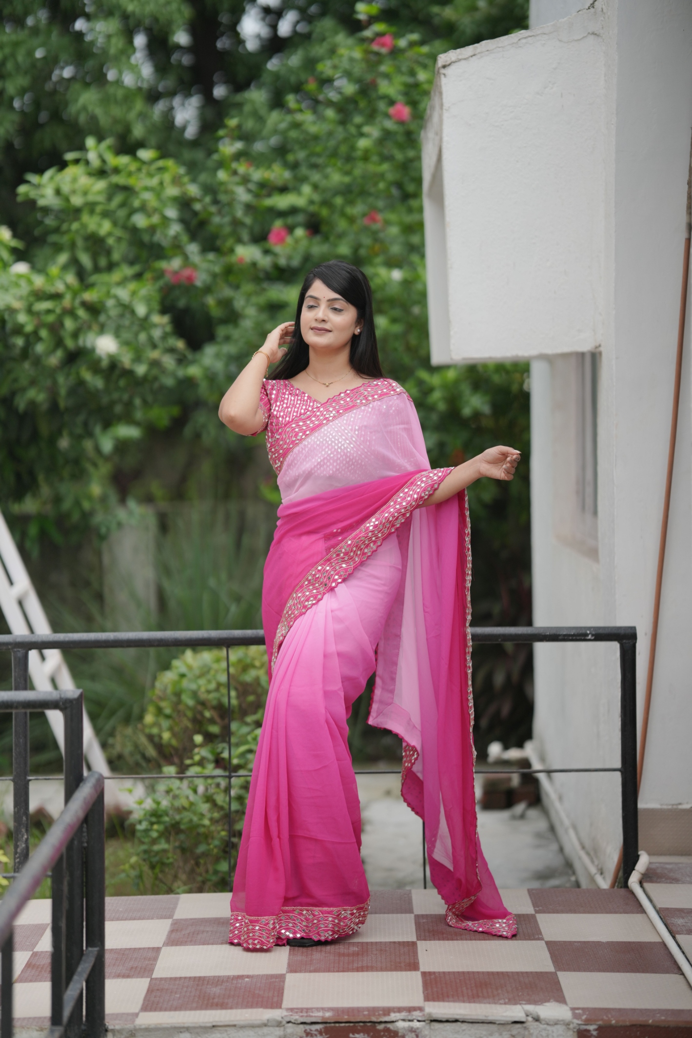Pink Shaded Mirror Faux Georgette Saree