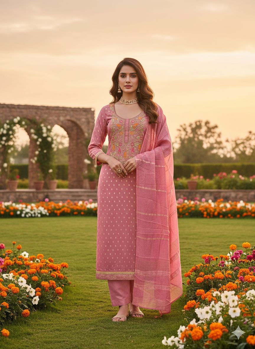 Pink Shimmer Jacquard Embroidered Salwar