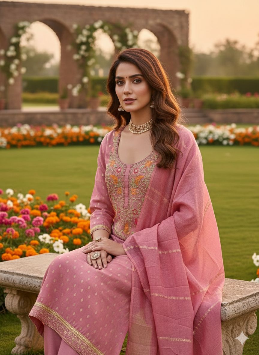 Pink Shimmer Jacquard Embroidered Salwar — alternate view