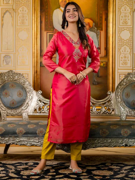 Pink Shimmer Silk Embroidery Kurti