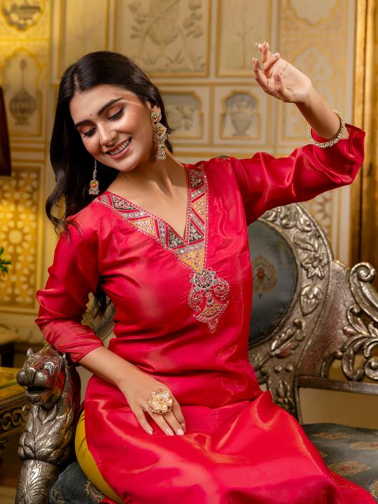 Pink Shimmer Silk Embroidery Kurti — alternate view