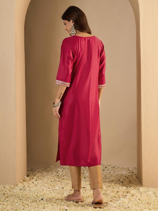 Pink Silk Blend Embroidered Kurti — alternate view