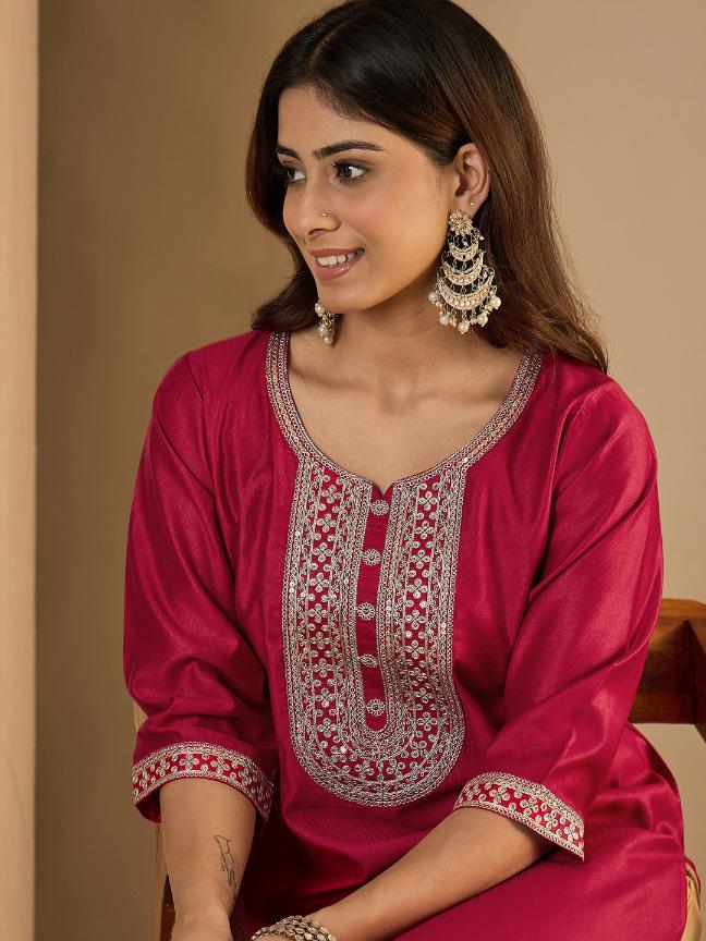Pink Silk Blend Embroidered Kurti