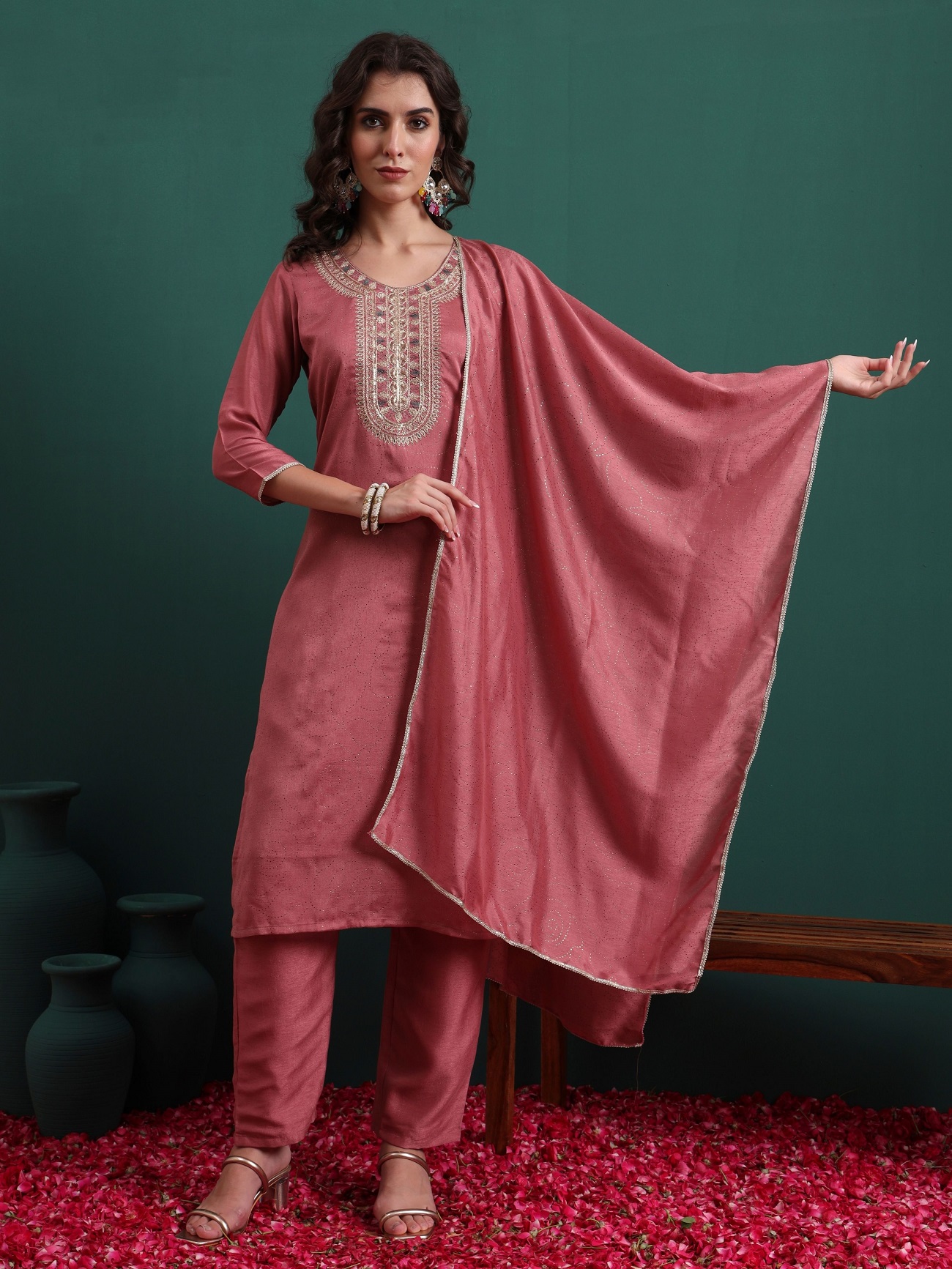 Pink Silk Blend Embroidered Readymade Suit