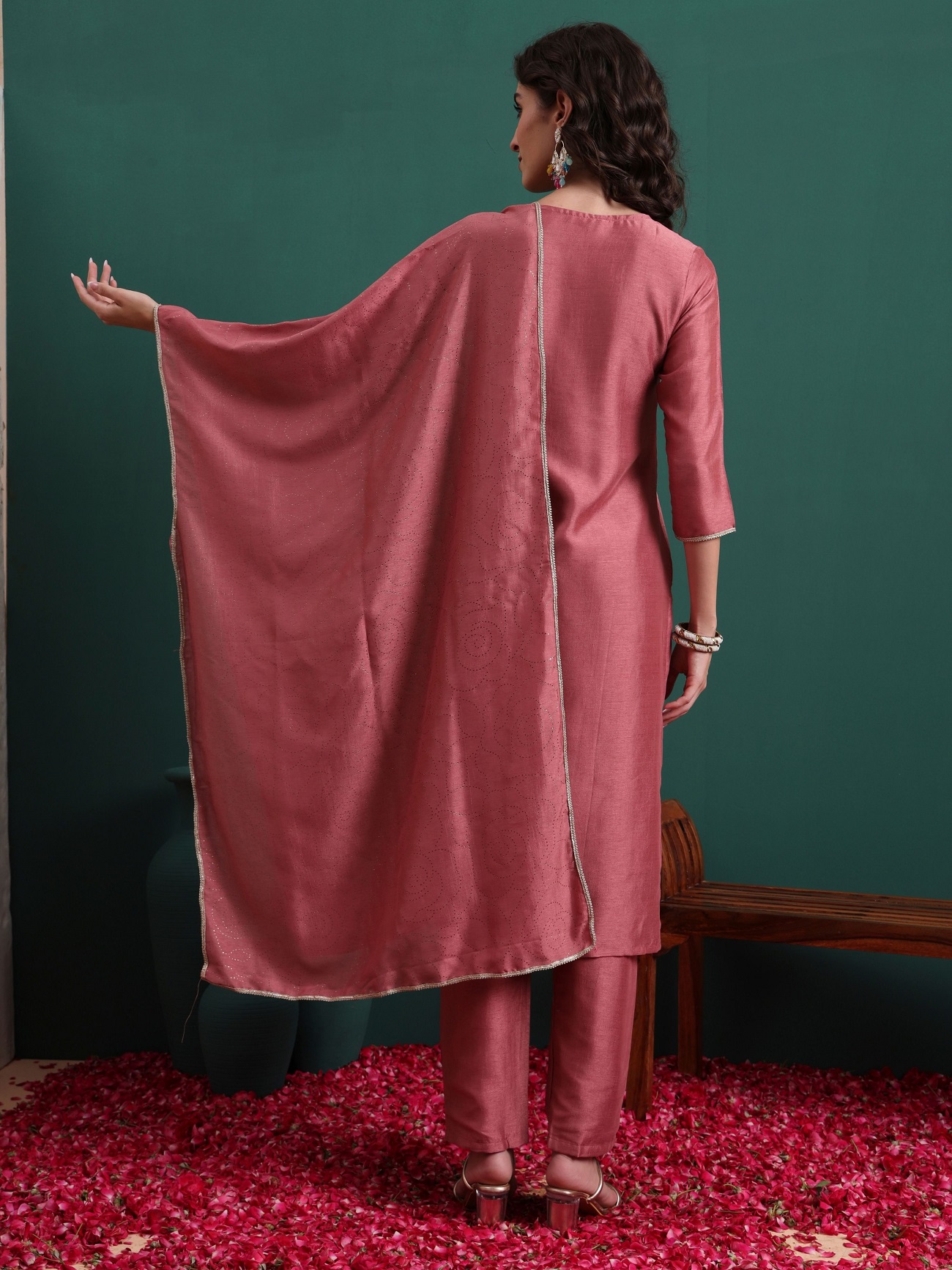 Pink Silk Blend Embroidered Readymade Suit — alternate view