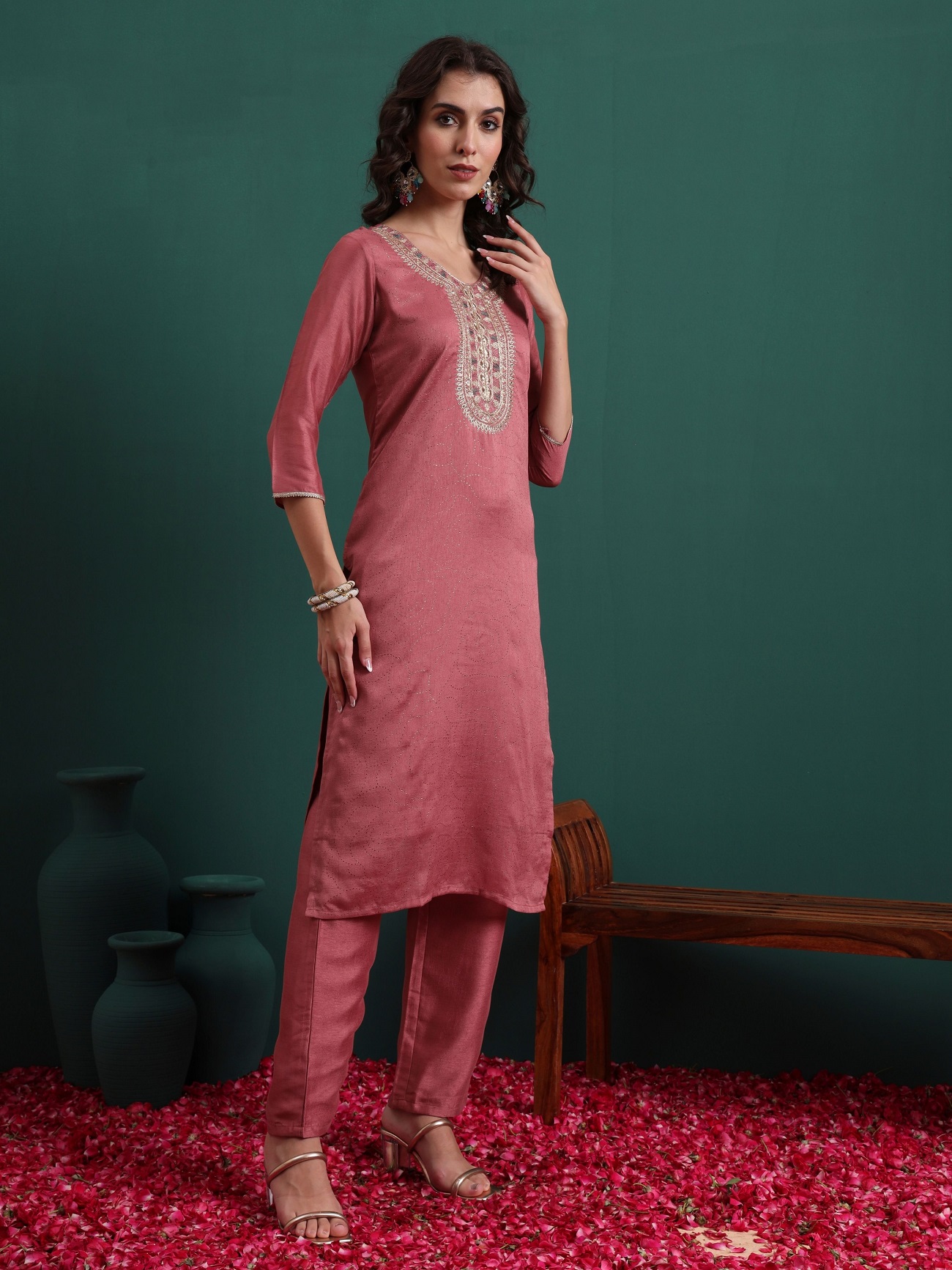Pink Silk Blend Embroidered Readymade Suit