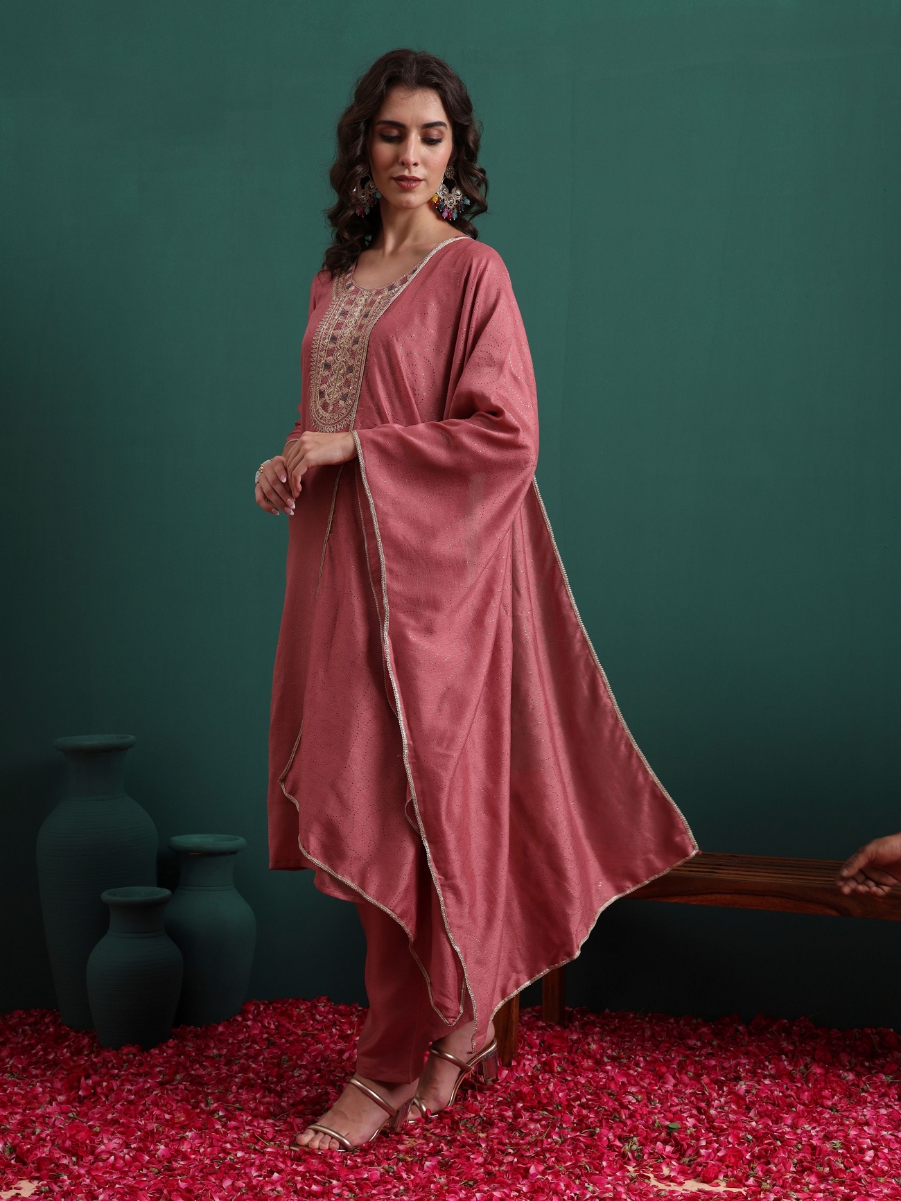 Pink Silk Blend Embroidered Readymade Suit