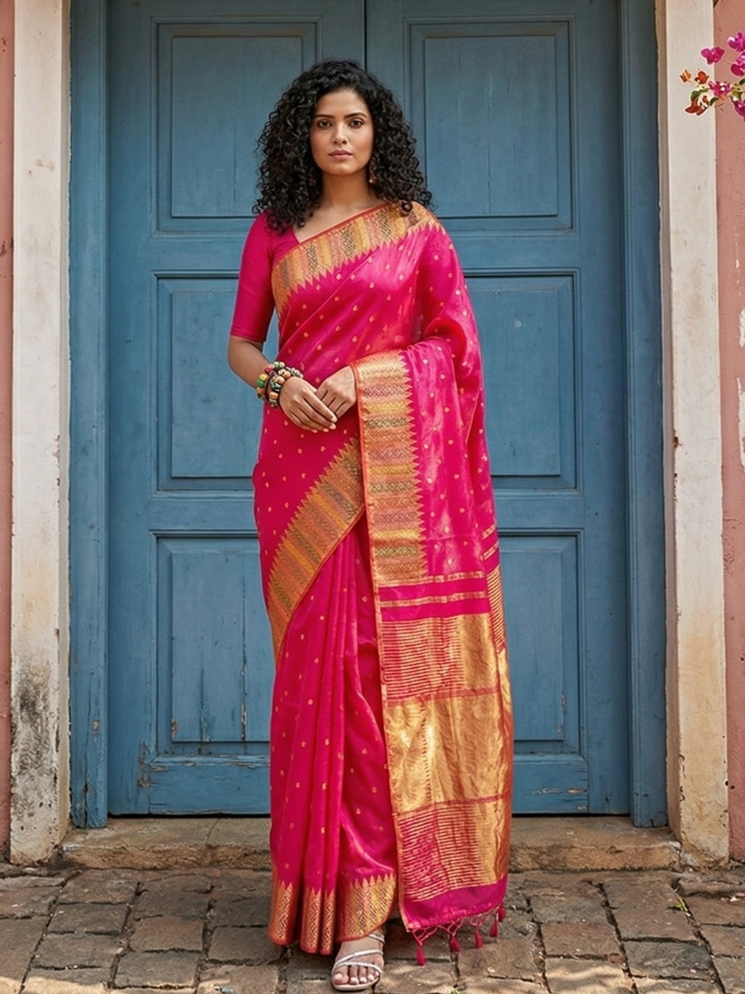 Pink Silk Blend Woven Festive Saree