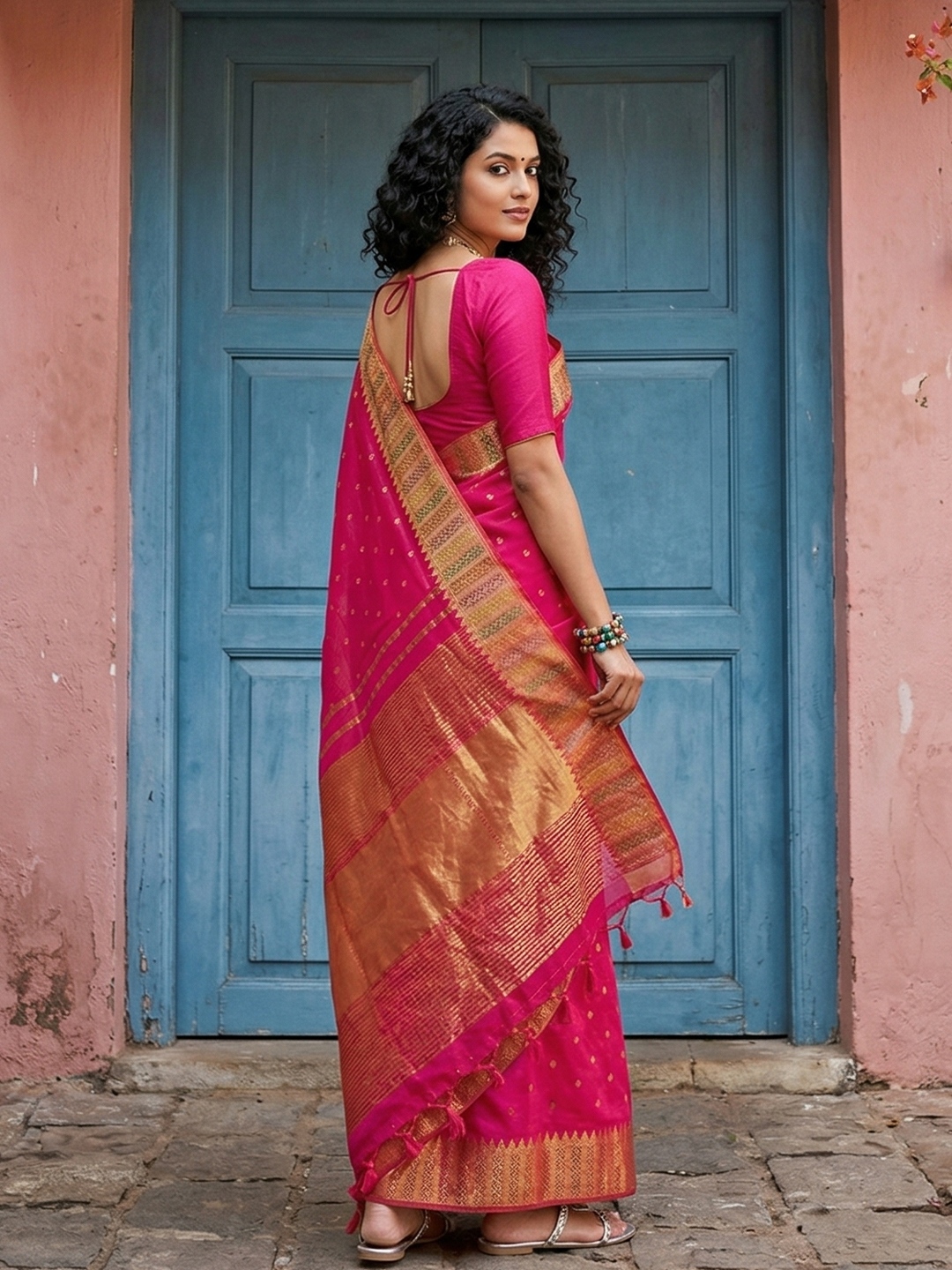 Pink Silk Blend Woven Festive Saree — alternate view