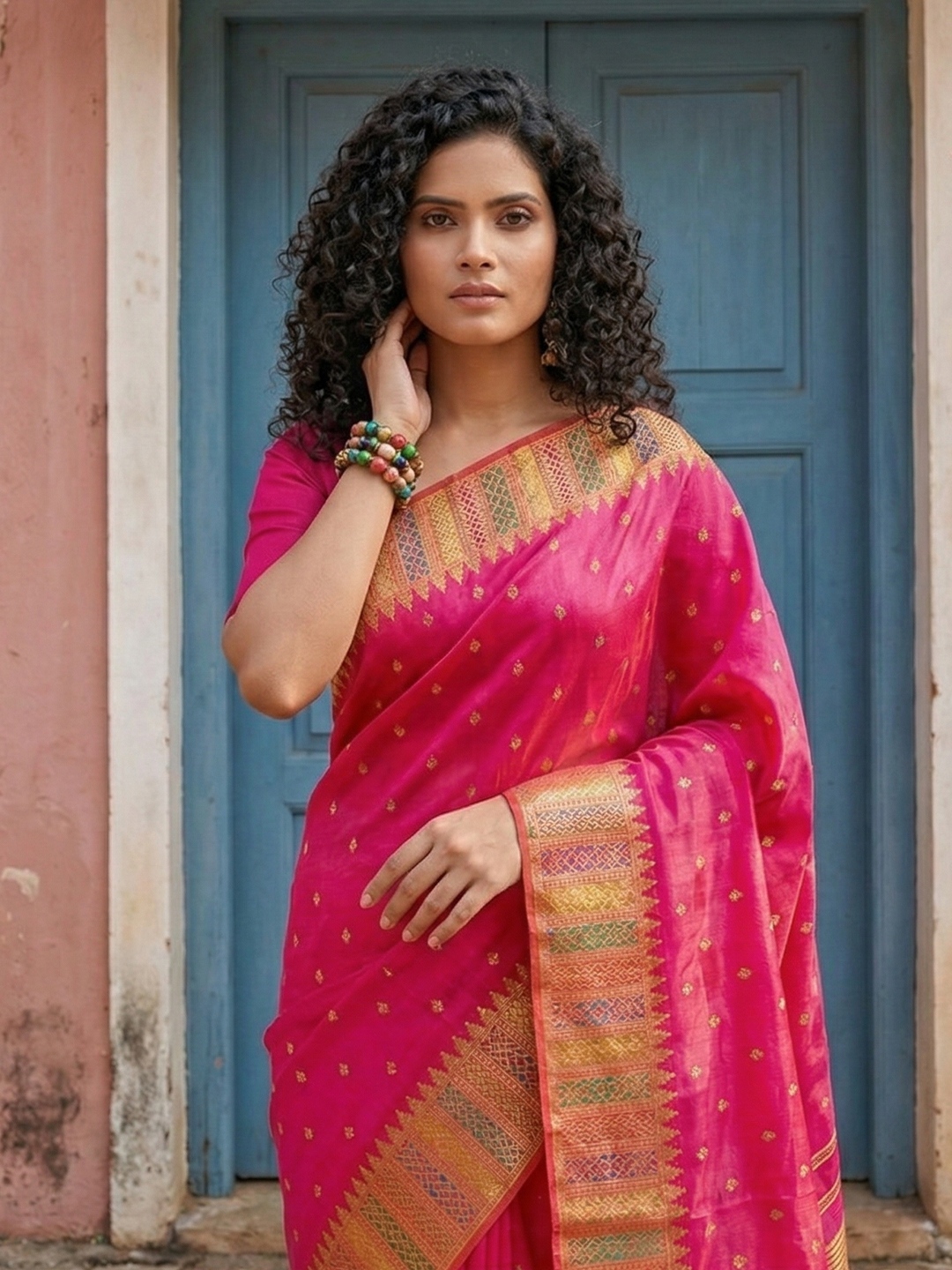 Pink Silk Blend Woven Festive Saree