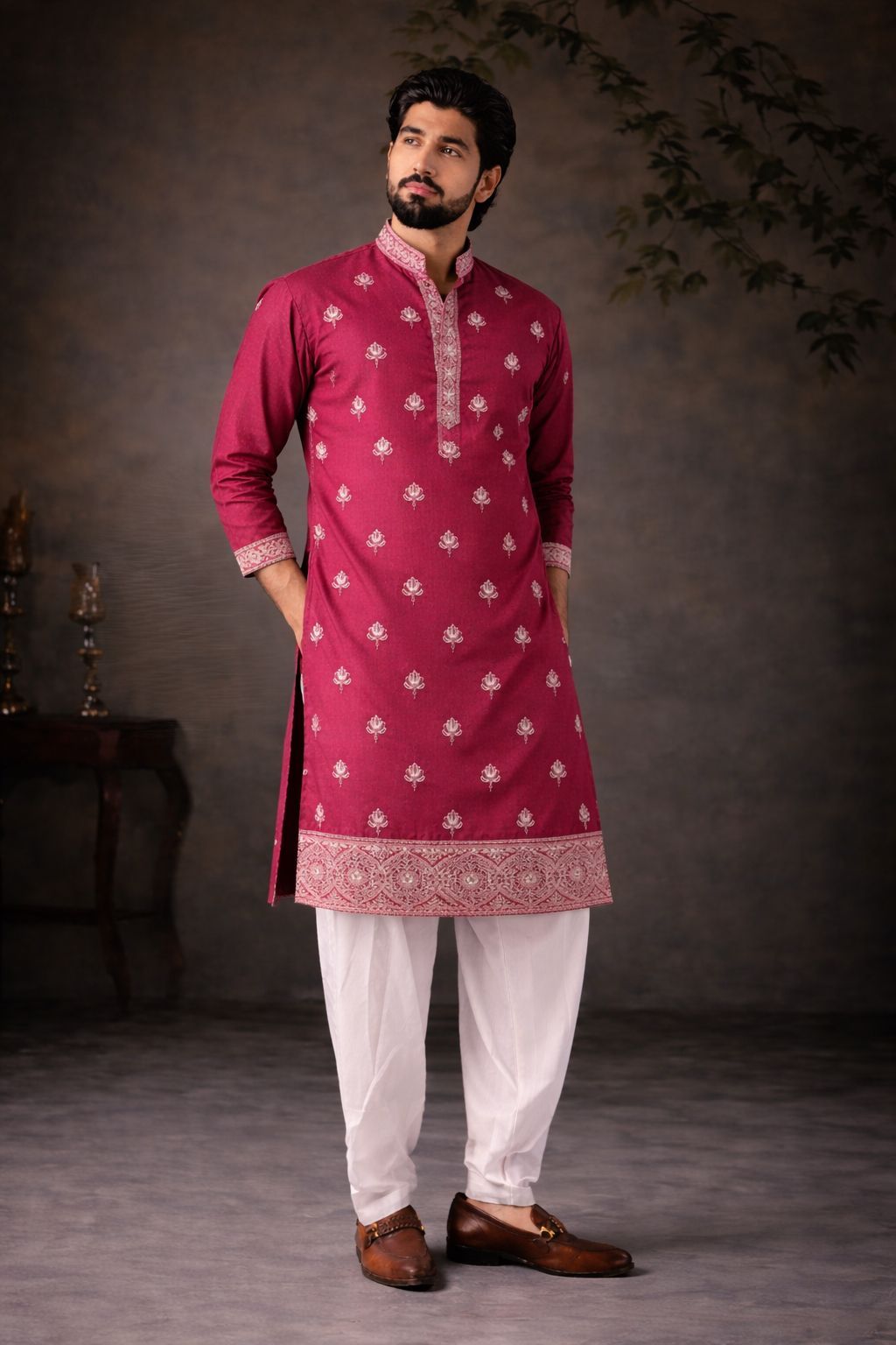 Pink Silk Designer Embroidery Kurta Pyjama