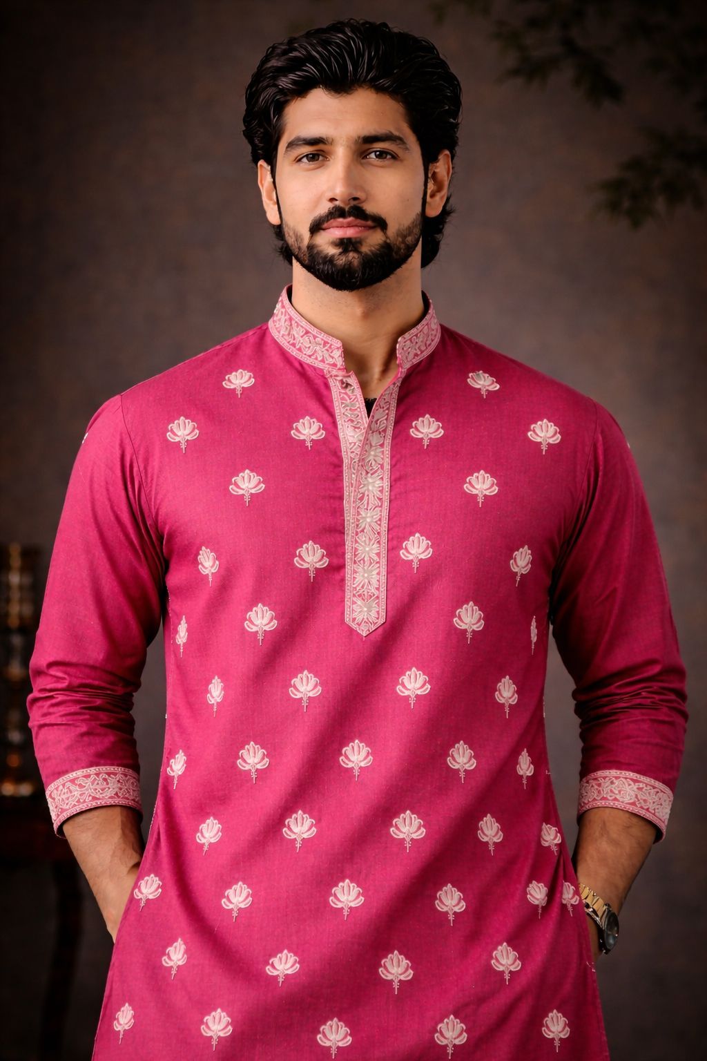 Pink Silk Designer Embroidery Kurta Pyjama
