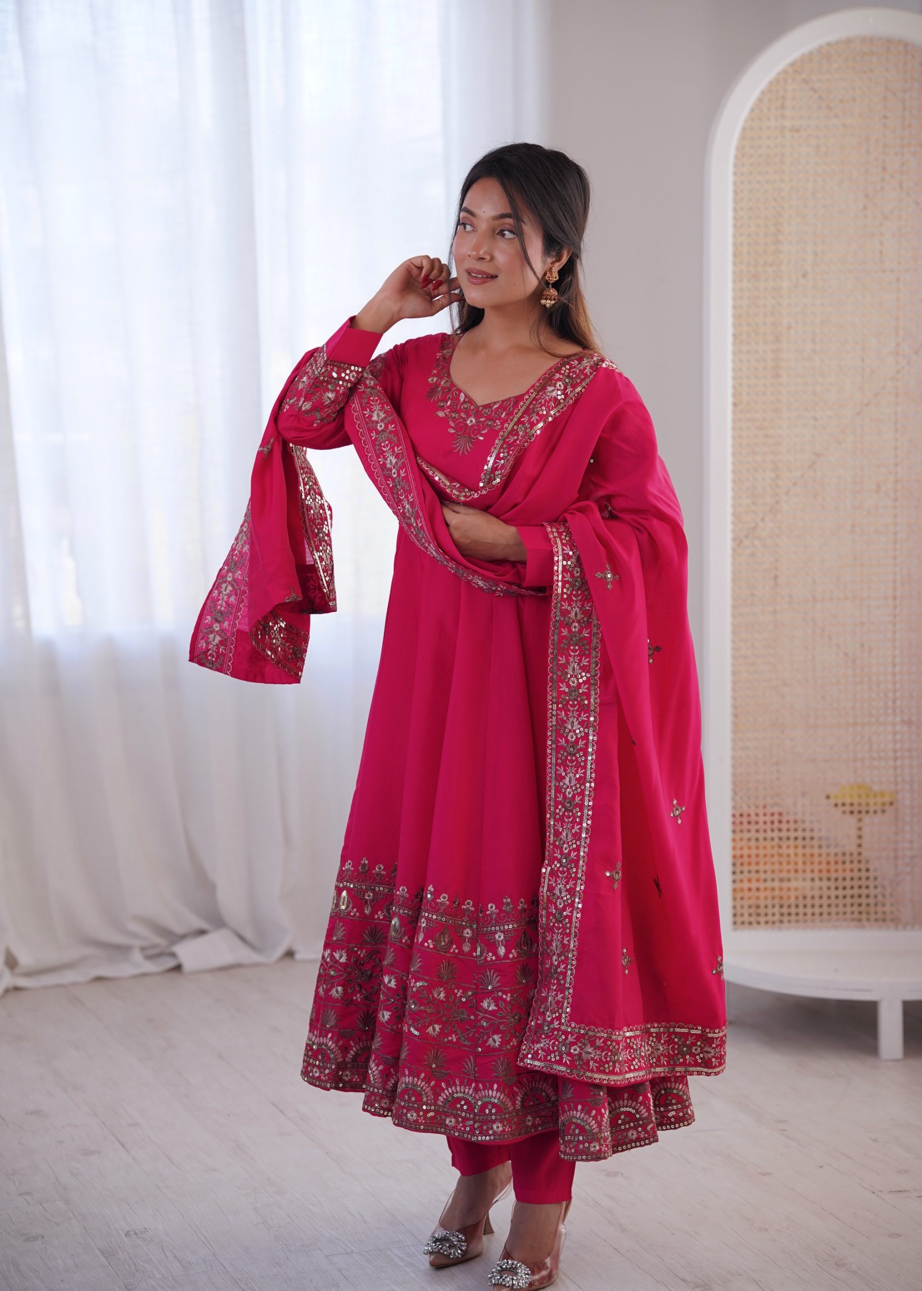 Pink Silk Embroidered Flared Anarkali Suit