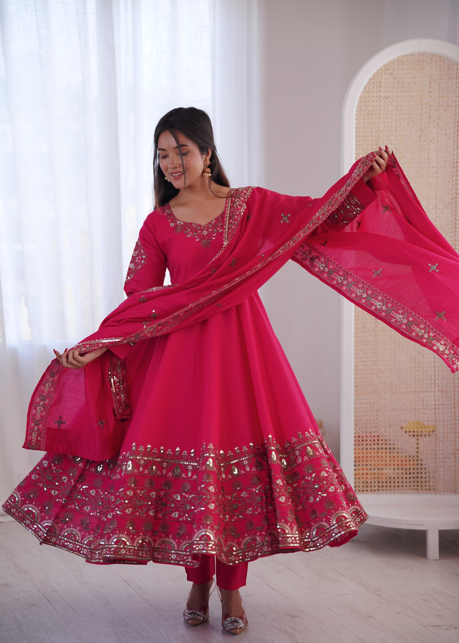 Pink Silk Embroidered Flared Anarkali Suit — alternate view
