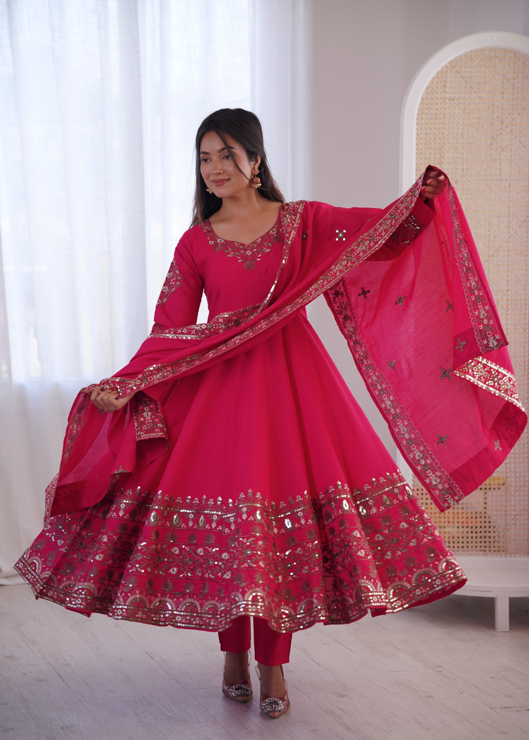 Pink Silk Embroidered Flared Anarkali Suit