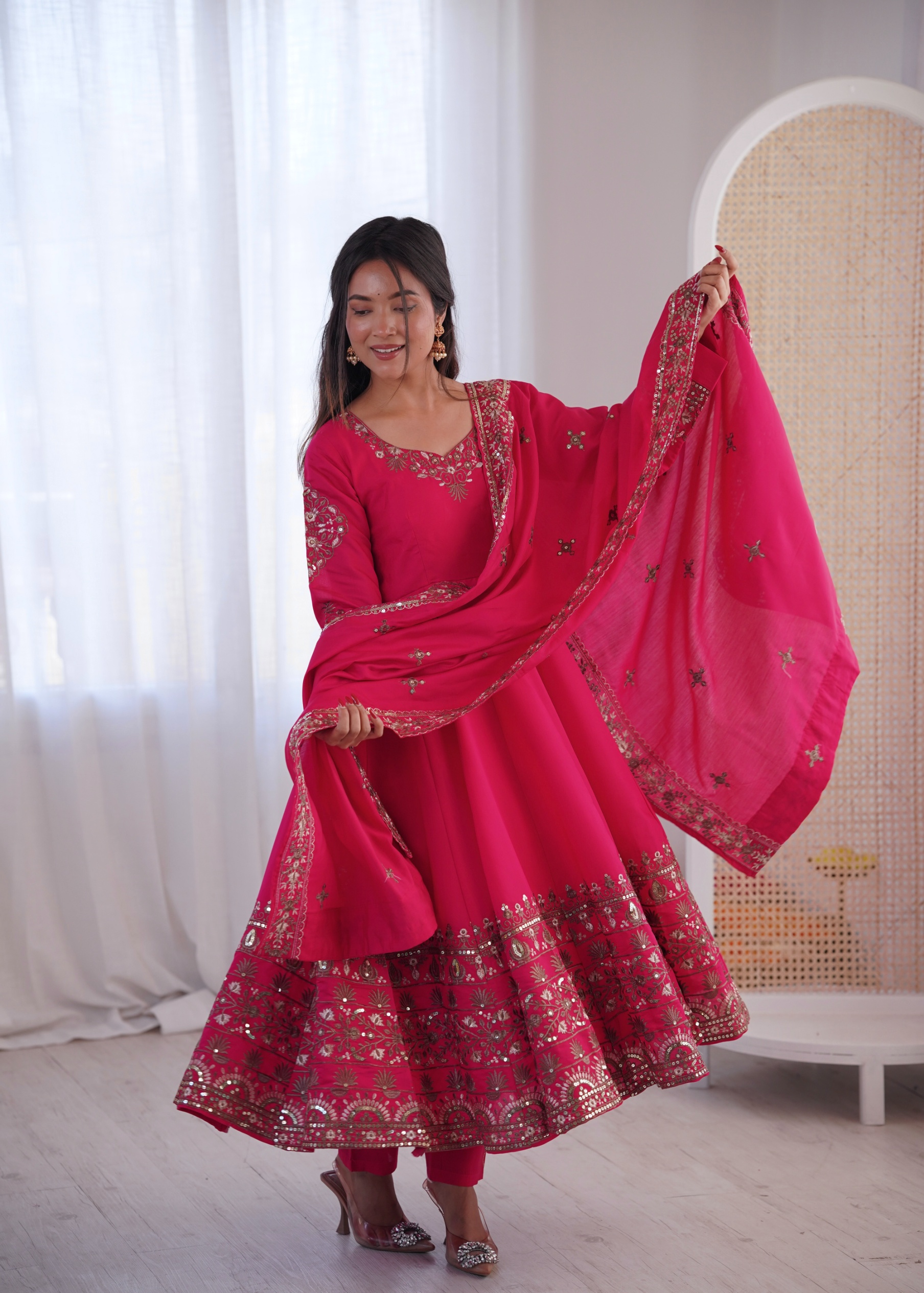 Pink Silk Embroidered Flared Anarkali Suit