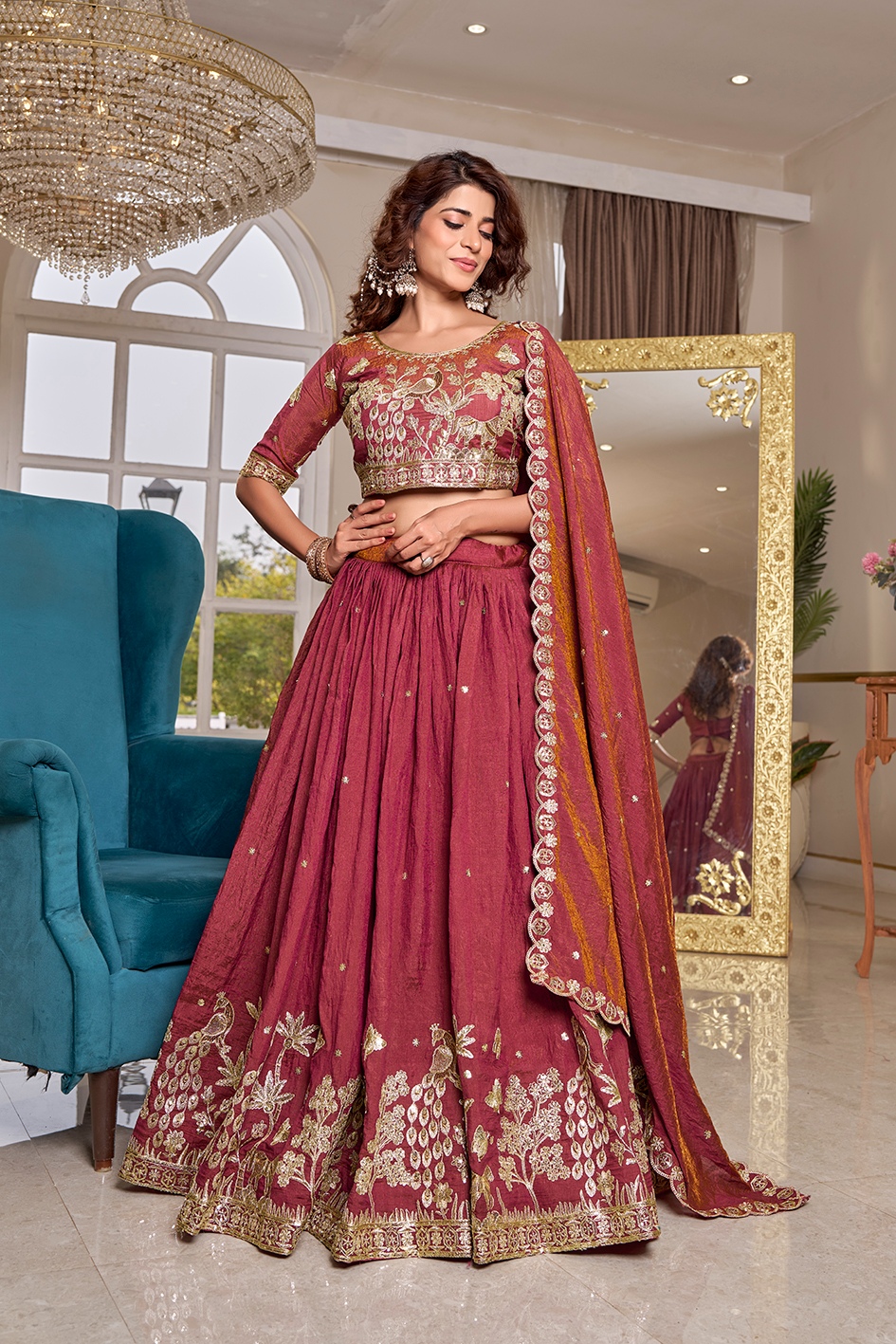 Pink Silk Heavy Embroidered Flared Lehenga