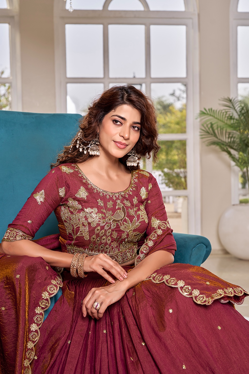 Pink Silk Heavy Embroidered Flared Lehenga — alternate view