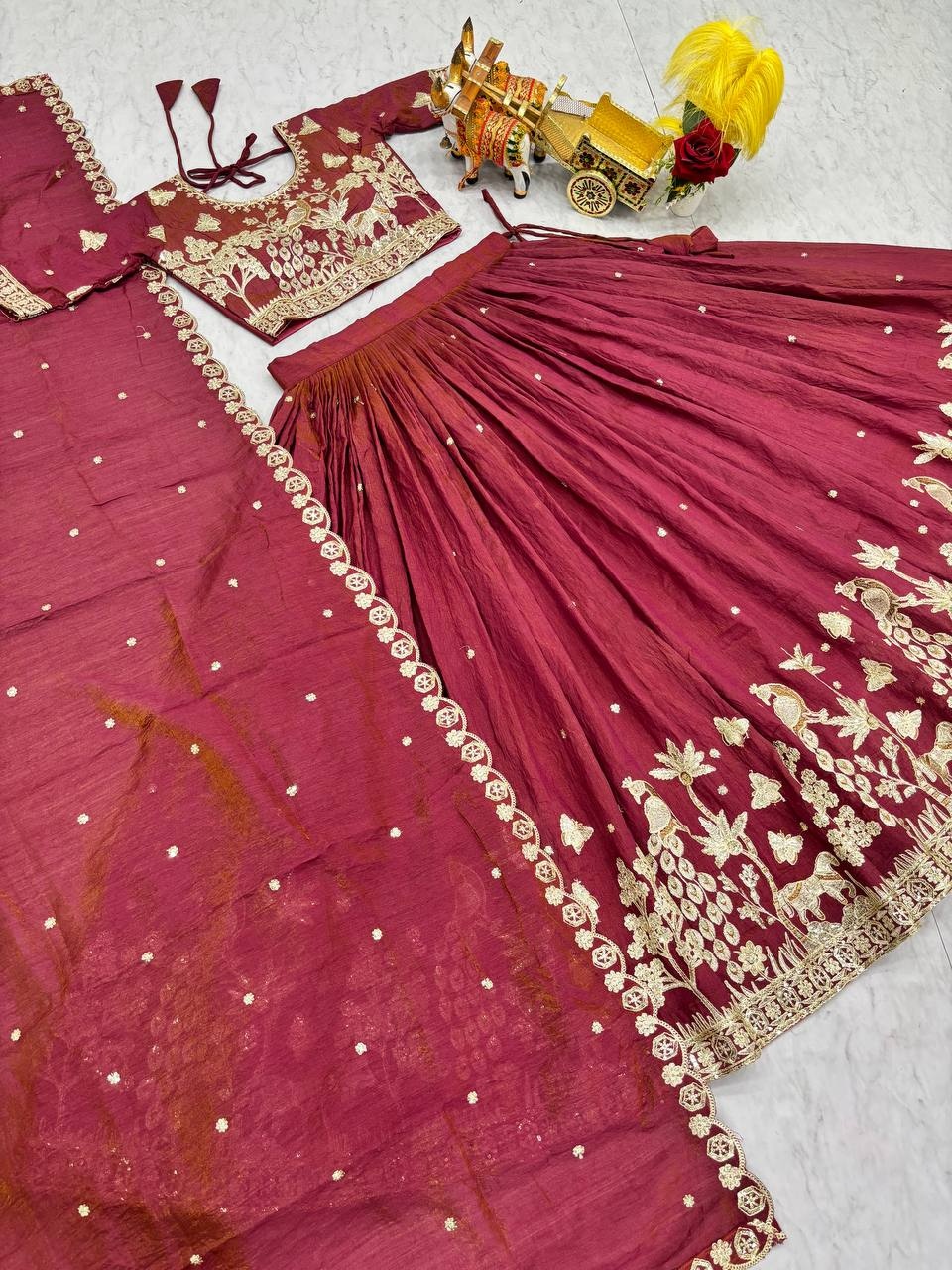 Pink Silk Heavy Embroidered Flared Lehenga